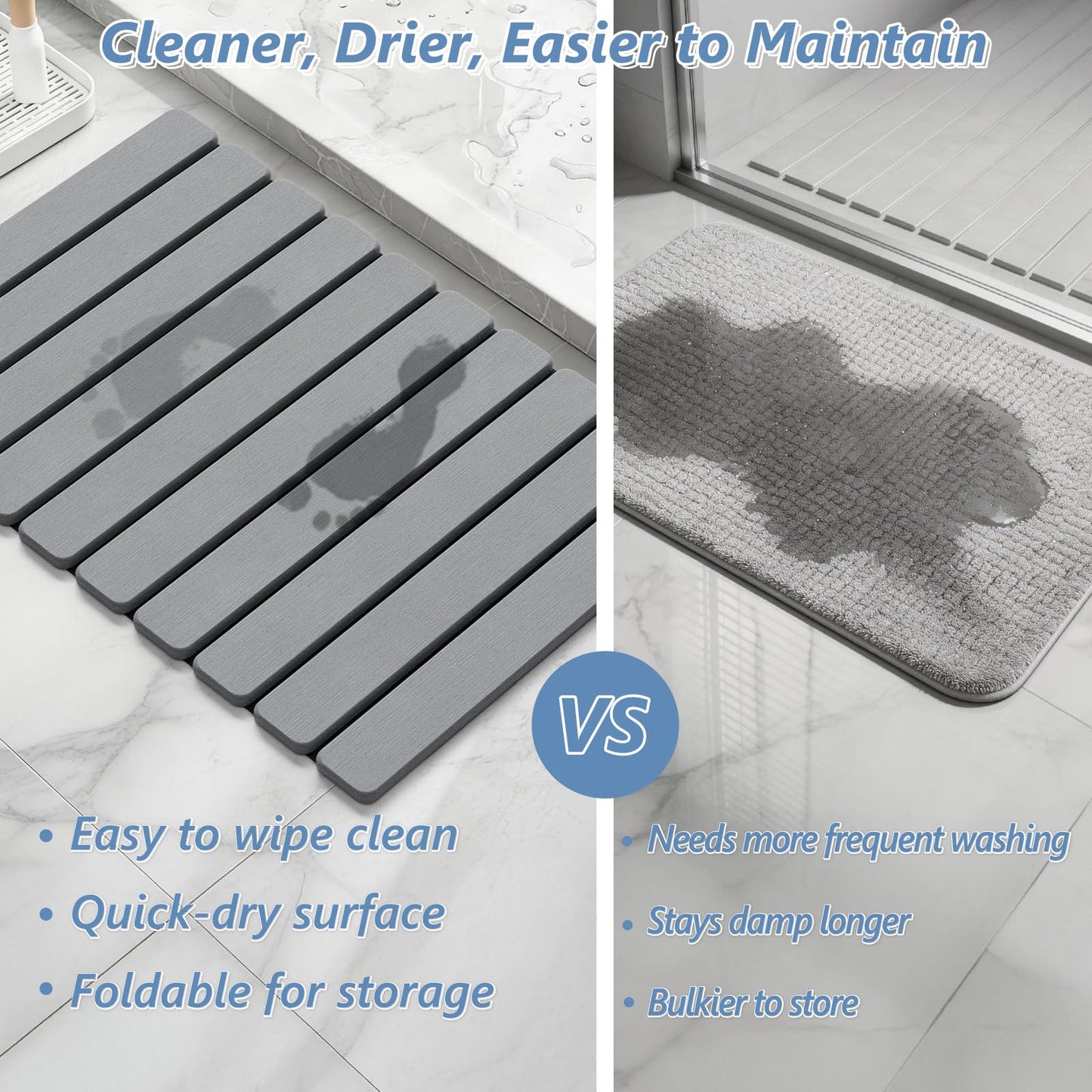 AWW Foldable Stone Bath Mat, Quick Dry Diatomaceous Earth Bath Mat with Non-Slip Mat, Super Absorbent, Easy to Clean, Compact for Small Bathrooms, 23.6 x 15.5, Grey