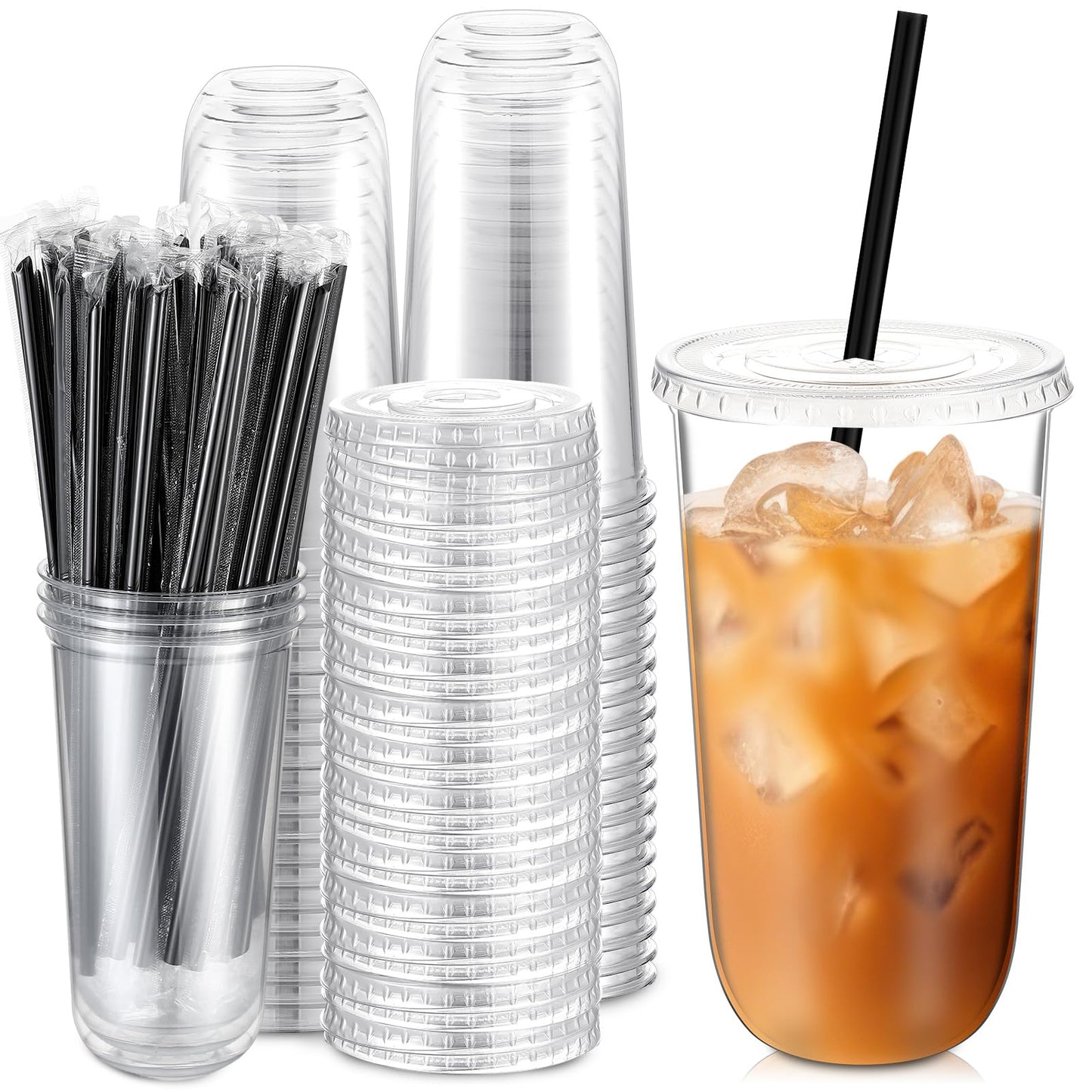 Ziliny 100 Set Clear Plastic Cups with Lids and Straws, Disposable Iced Coffee PET Cups for Drinking Cold Beverage Juice Parfait Smoothie Milkshake Coffee Shops Party Supplies (20 oz)