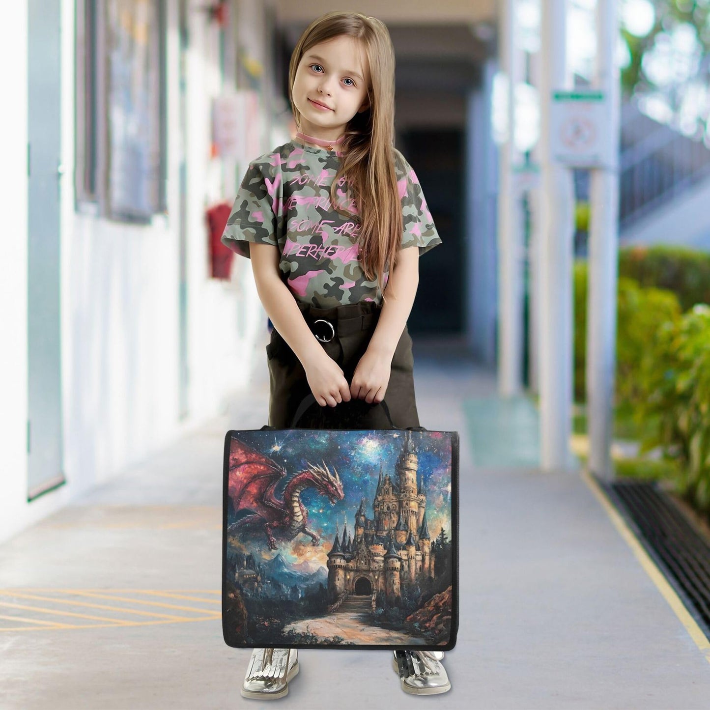 Takiito 3 Ring Zipper Binder Dragon Castle Binder Organizer Portfolio with File and Shoulder Strap & Handle Large Capacity File Folder