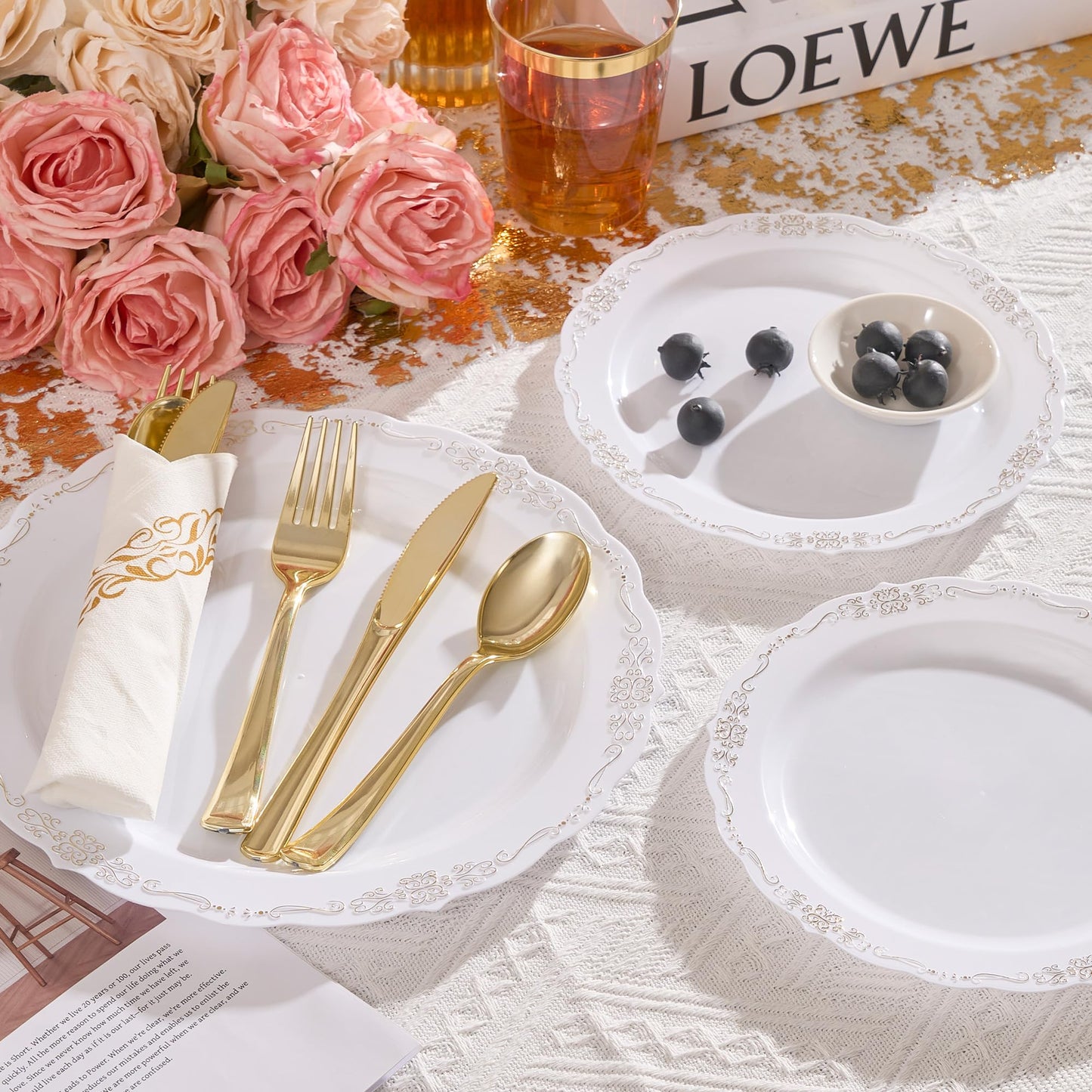Fijinhom 350 PCS White and Gold Disposable Plates, Elegant Dinnerware Set for 50 Guests, 100 Plastic Plates, 150 Silverware, 50 Cups & 50 Paper Napkins, White and Gold
