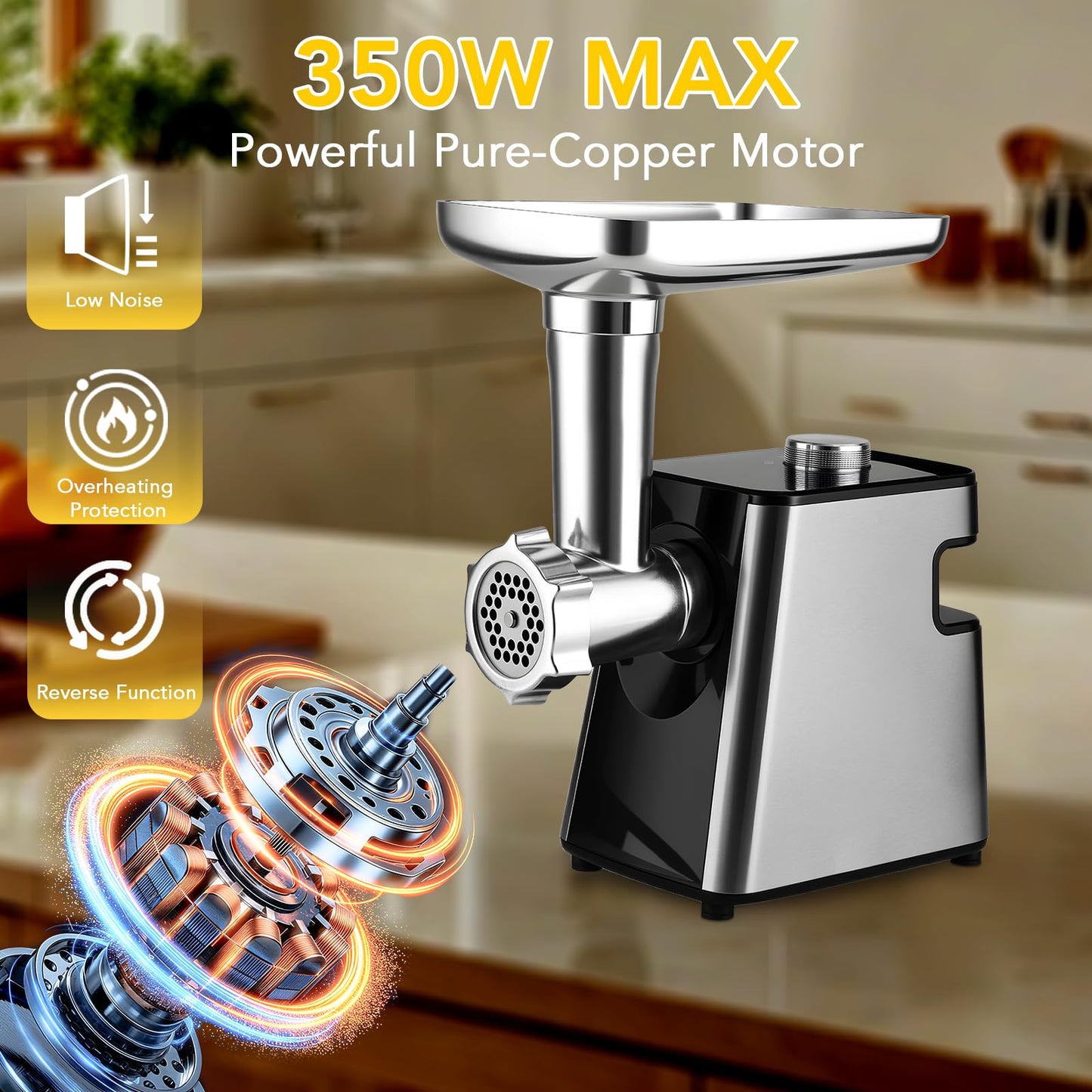 Electric Meat Grinder- 350W Motor with Sausage Stuffer & Meatballs Making, Food Grinder with Stainless Steel Blade & 3 Plates, Heavy Duty Meat Mincer for Home Kitchen & Restaurant