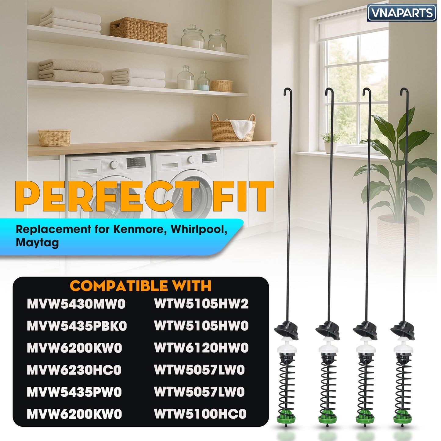 VNAPARTS W11396716 W11171694 Washer Suspension Rod Kit (4 Pcs) fit for Whirlpool Kenmore maytag MVW6230HW0 WTW6120HW0 WTW5105HW0 WTW5100HC3 WTW5100HW0 WTW5100HW3 WTW5105HW1 -Rod Length 24.4in