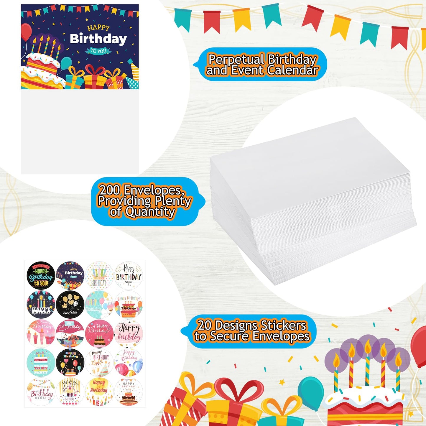 Lemosae 200 Set Unique Happy Birthday Card Bulk with Envelope and Sticker Blank Greeting Card Large 5 x 7 Inch Suitable for Office Kids Women Men, 20 Styles(Lovely Style)