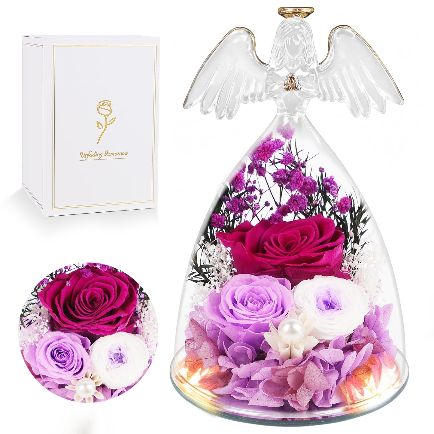 YOFIT Gifts for Women Mom Mother's Day-Preserved Roses in Glass Angel Figurine, Forever Fresh Flowers for Her Grandma, Gifts for Valentines Birthday (Purple, Lights)