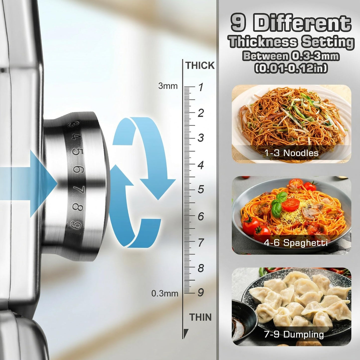 Sailnovo 3 in 1 Pasta Maker Machine - 9 Adjustable Thickness Settings Aluminum Alloy Pasta Roller & 2 Width Cutters for Fresh Spaghetti, Fettuccini, Lasagna, Dumplings - Stainless Steel, Silver