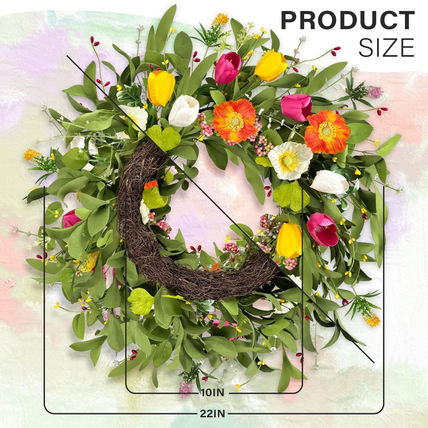 ICX 22" Spring Summe Wreaths for Front Door, Artificial Tulip Wreath with Orchids Green Foliage, All Season Farmhouse Window Wall Wedding Decor, Housewarming Gift