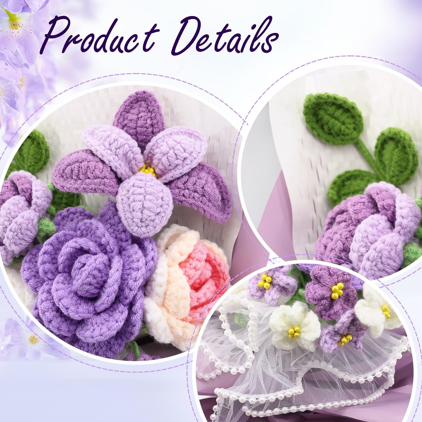 FUCAN Crochet Flowers,Finished Bouquet Crocheted Cotton Thread Flowers, Handmade Crochet Rose Tulip Fern Leaf as a Gift for Lover, Friends. Artificial Flower (Purple)