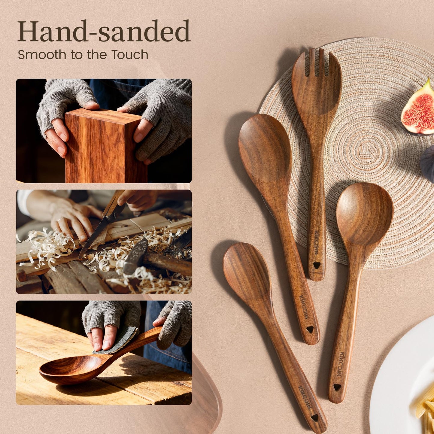 Kikcoin 10 PCS Durable Natural Teak Wooden Cooking Utensil Set, Non Toxic Wooden Spoons for Cooking, Wooden Utensil Set for Cooking with Comfort Grip, Nonstick & Easy to Clean Wood Kitchen Utensil Set