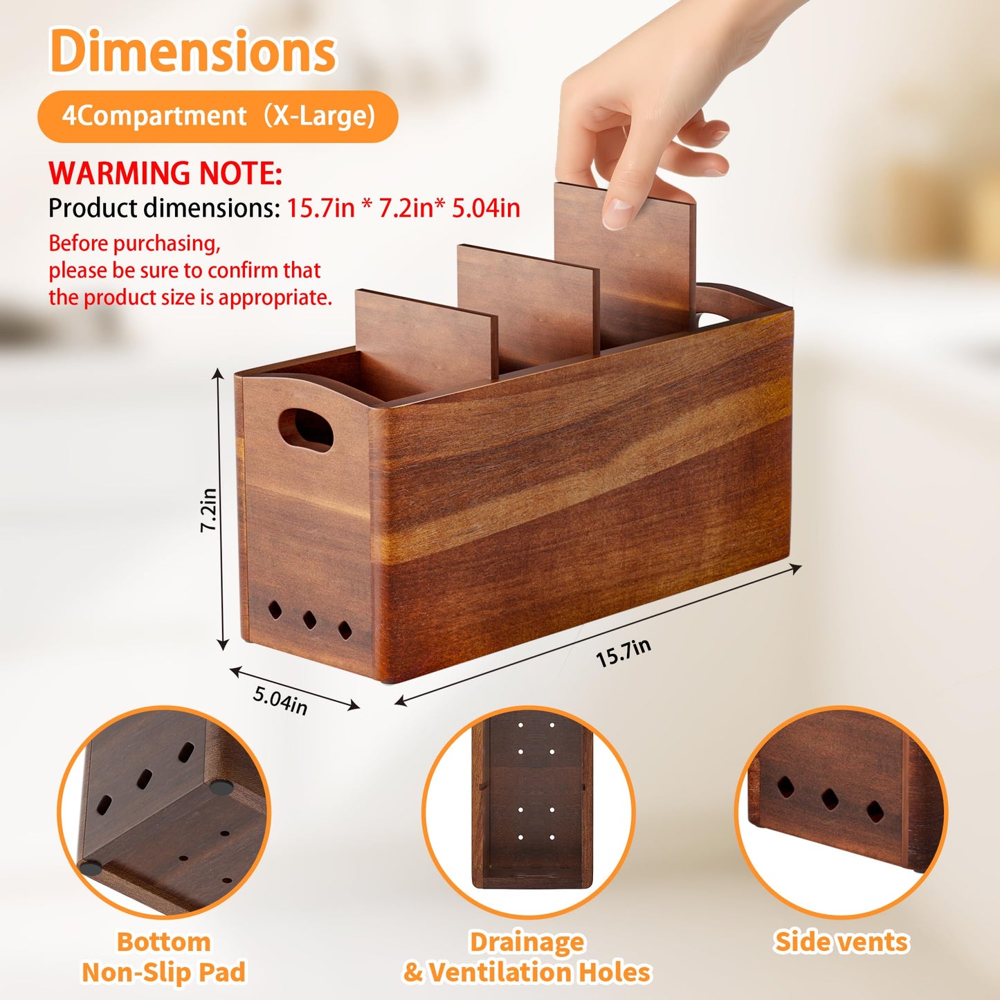 PrimZooty Natural Acacia Wood Utensil Holder for Kitchen Counter (X-Large), 4 Compartment with Removable Dividers 15.7"x7.2"x5.04", Extra Large Cooking Utensil Organizer - Anti-Scratch Bottom