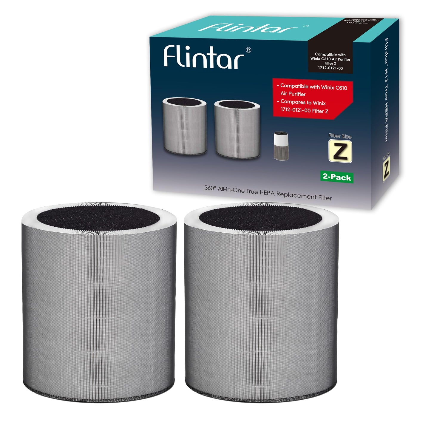 Flintar C610 Replacement Filter Z, Made in Taiwan, Compatible with Winix C610 Air Purifier, 1712-0121-00, 3-in-1 H13 True HEPA with Activated Carbon and Pre-Filter, 2-Pack