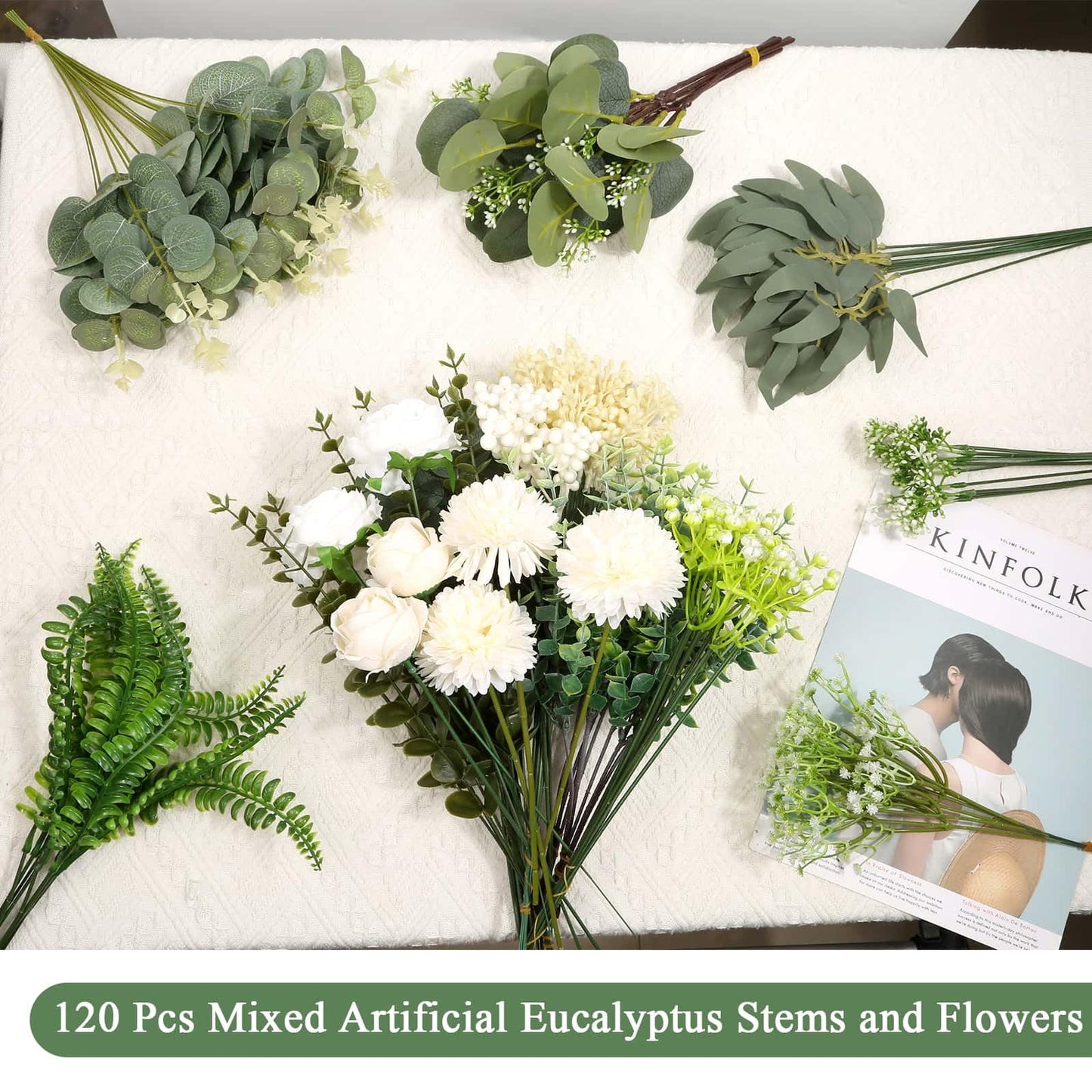 120Pcs 15 Kinds Mixed Artificial Eucalyptus Leaves Stems and Faux Flowers Bulk, Fake Silver Dollar Eucalyptus Bundle Plants Greenery Branches for Wedding Vase Bouquets Floral Arrangement Home Decor
