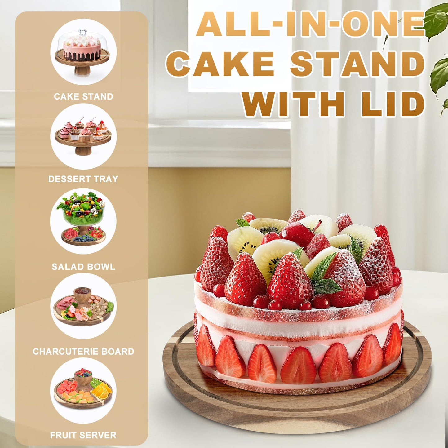 ASTROLIN Acacia Wood Cake Stand with Lid, 12'' Round Cake Holder with Clear Acrylic Cover, 2 in 1 Dessert Table Display Set & Charcuterie Board, Kitchen Decor for Birthday or Wedding