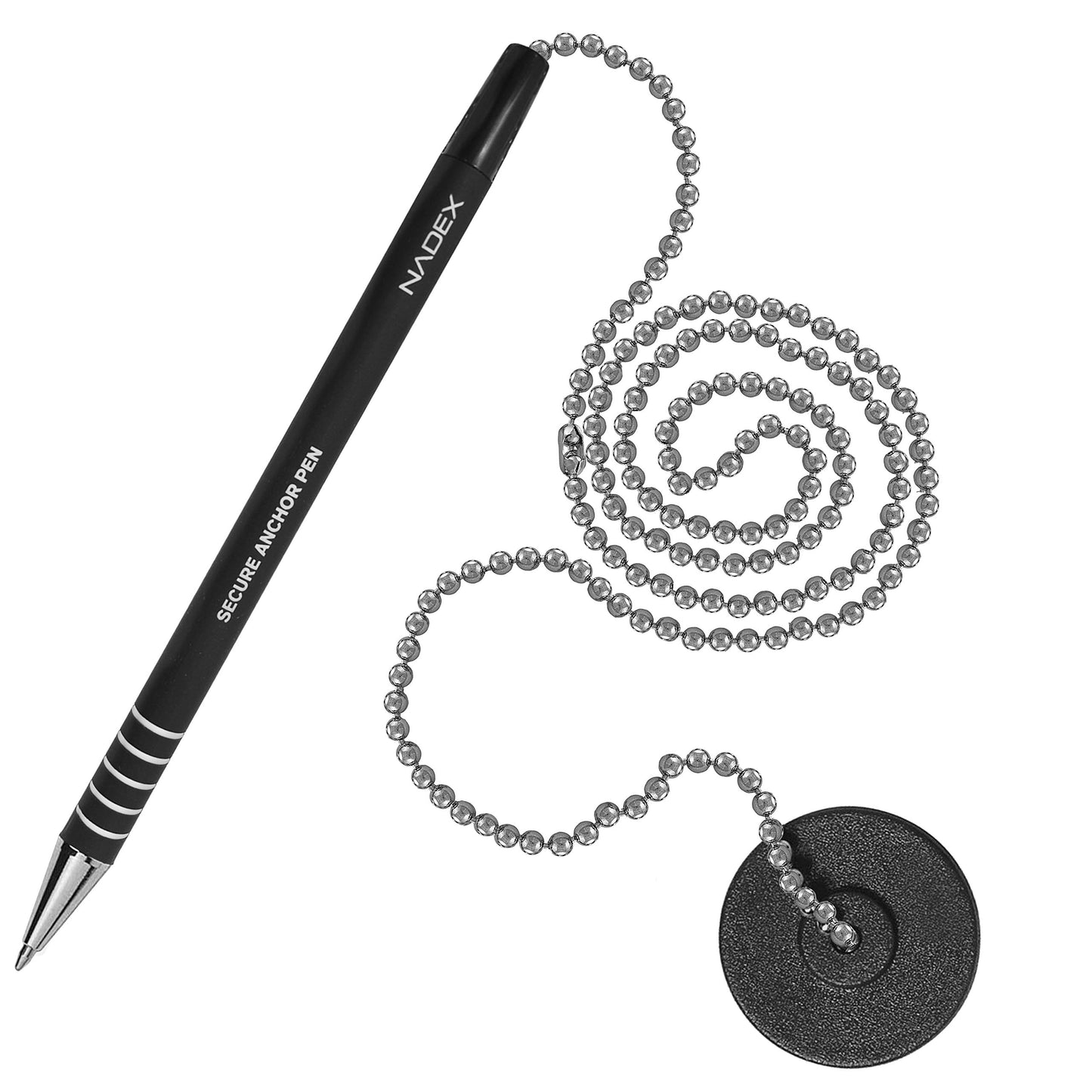 Nadex Ball and Chain Security Pen Set | 12 Pens, 12 Adhesive Mounts, and 12 Refills (Black)