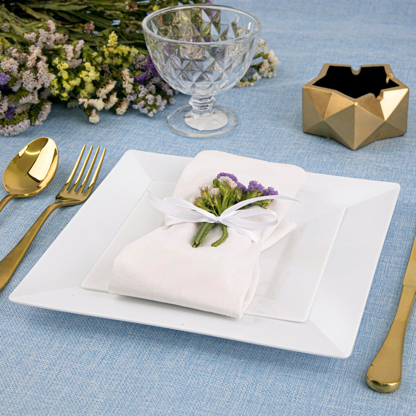 SETUP 100-Piece White Square Plastic Dinnerware Set – 50 9.5" Dinner & 50 6.5" Salad Plates – Heavy-Duty Disposable for Weddings, Catering, Parties