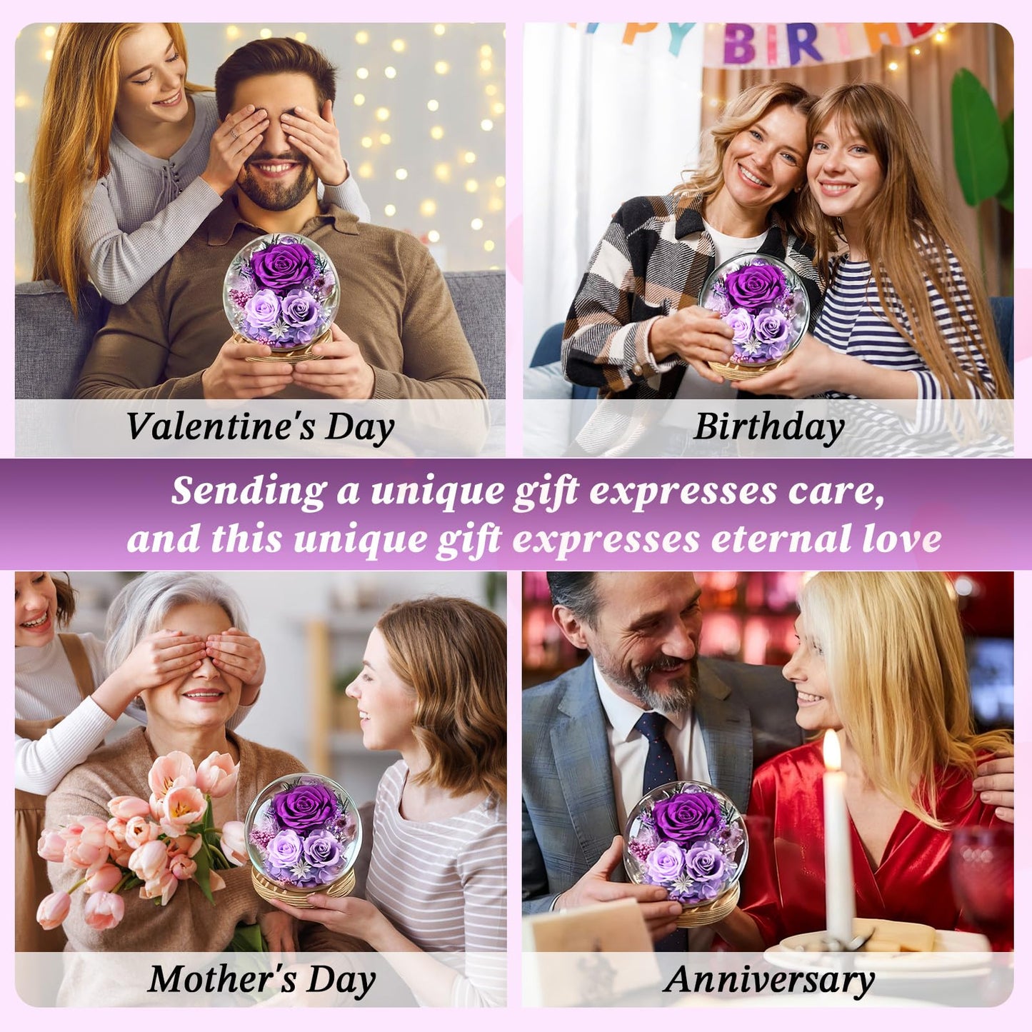 Waipfaru Flowers for Delivery Prime, Forever Fresh Preserved Flowers in Glass Dome, Eternal Purple Rose for Mother Birthday Gifts, Best for Women Girlfriend