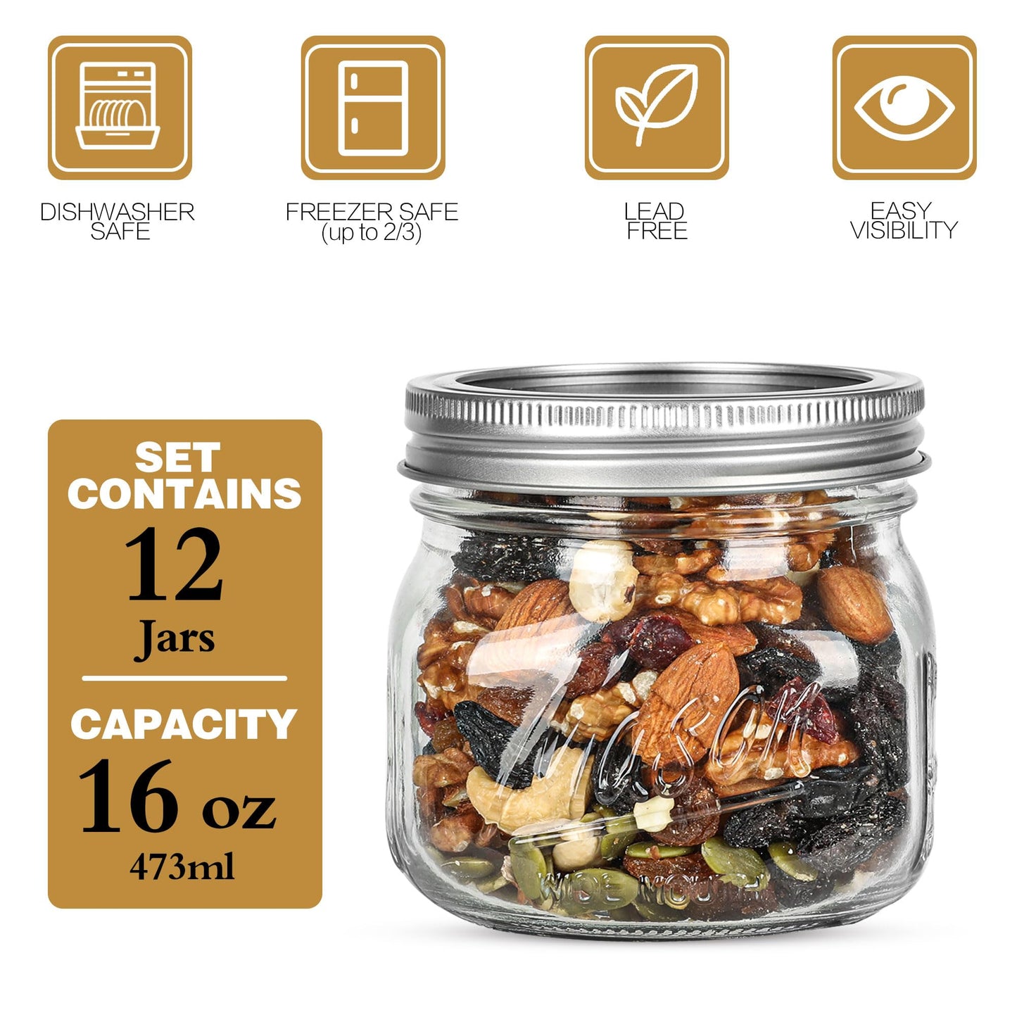 Ieavier 12PCS Wide Mouth Mason Jars 16oz with Airtight Lids and Bands, Canning Jars with Crystal Glass for Food Storage, Spice Jars, Canning, DIY Projects, Jam, Jelly, Honey, Preserving, Drinking