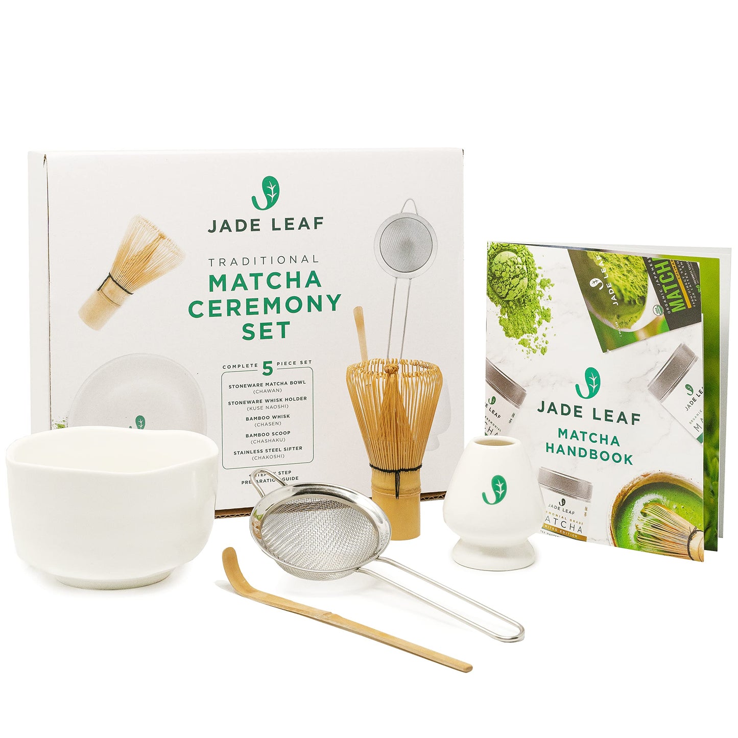 Jade Leaf Matcha - Complete Matcha Whisk Set - Ceremonial Gift Set Includes: Bamboo Matcha Whisk & Scoop, Stainless Steel Sifter, Stoneware Bowl & Whisk Holder, and Prep Guide