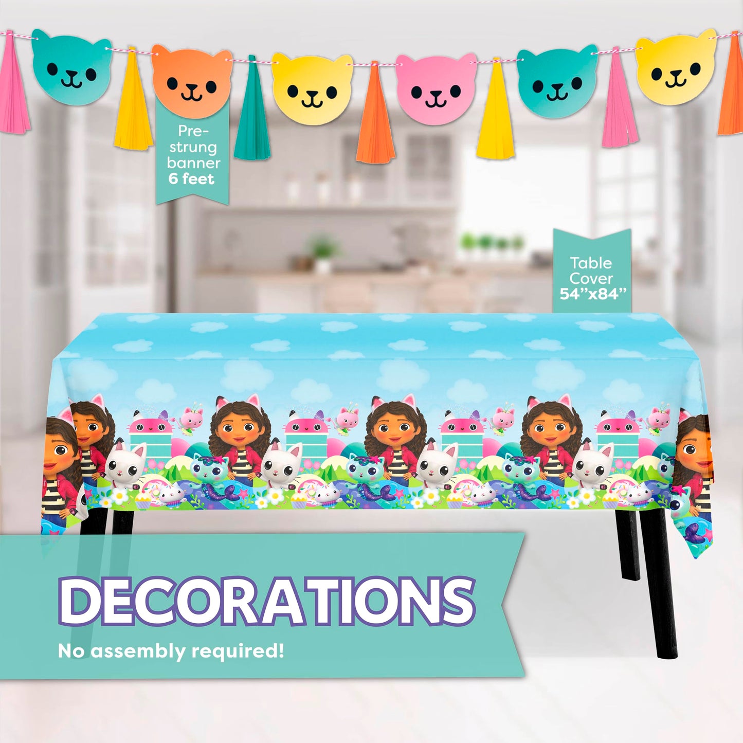 Gabby Dollhouse Party Decorations | Gabby Birthday Party Decorations | Tablecover, Banner, Plates, Napkins, Button | Serves 16 | Officially Licensed