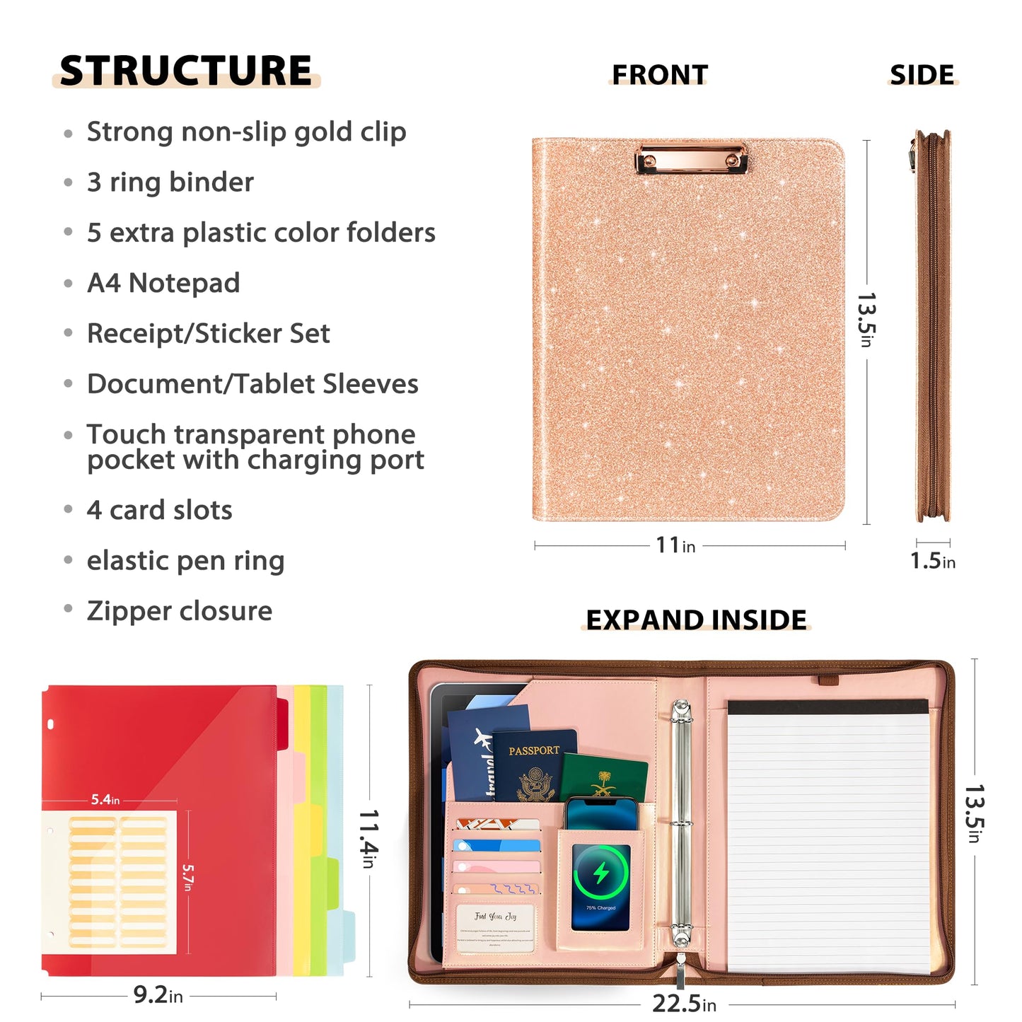 Leather Clipboard with Storage, Zippered Padfolio Portfolio Organizer, 3 Ring Binder 1 Inch, Notepad, Tablet Sleeve, 5 Dividers with Pocket, Stickets for Office, Nurses, Students, Teachers Rose Gold