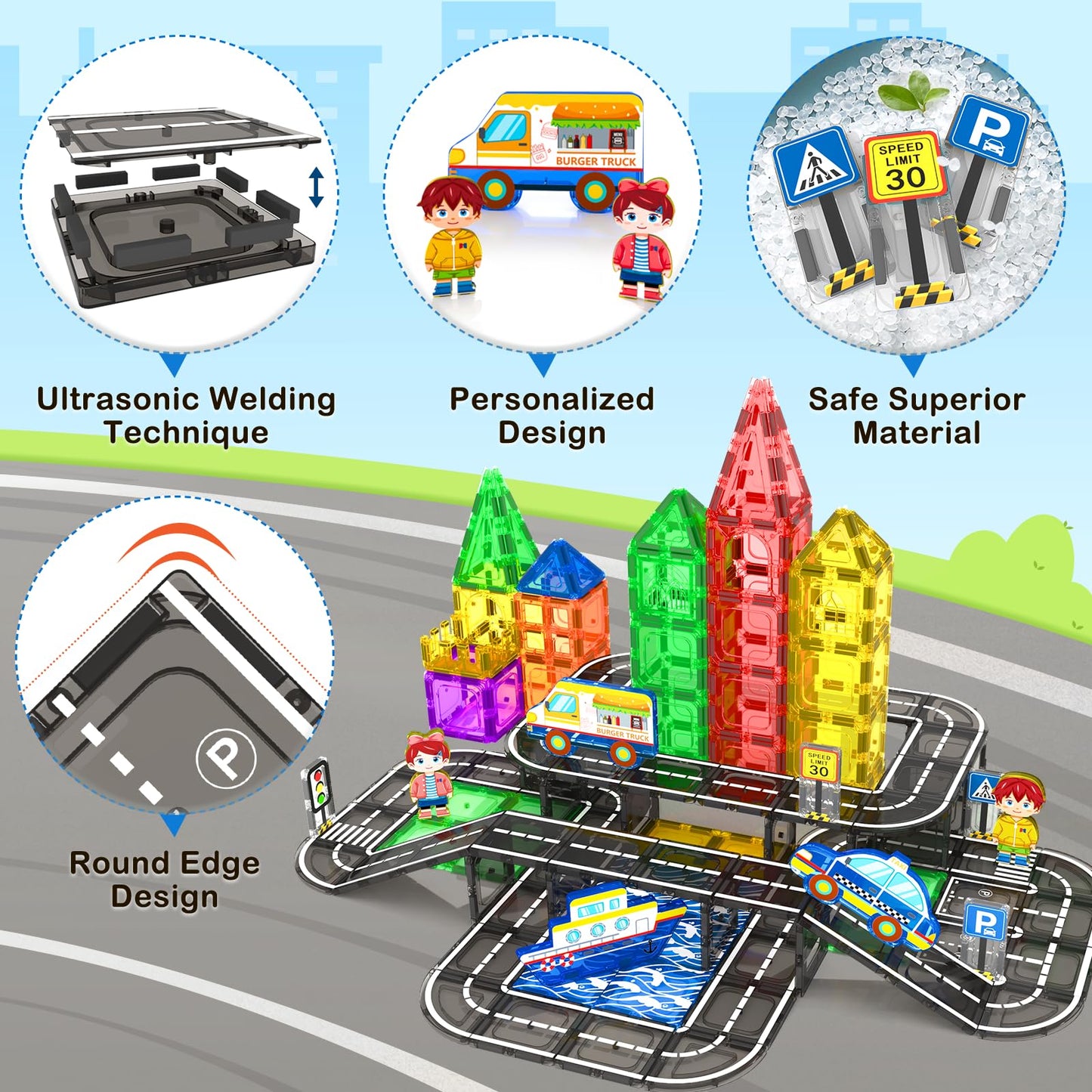 112PCS Magnetic Tiles Road Set with Vibrant Color & Ultra Magnet Strength, City Road Building Blocks Construction Toys for Toddlers Kids Ages 3-12, Creative Gifts STEM Toys for 3+ Years Old Boys Girls