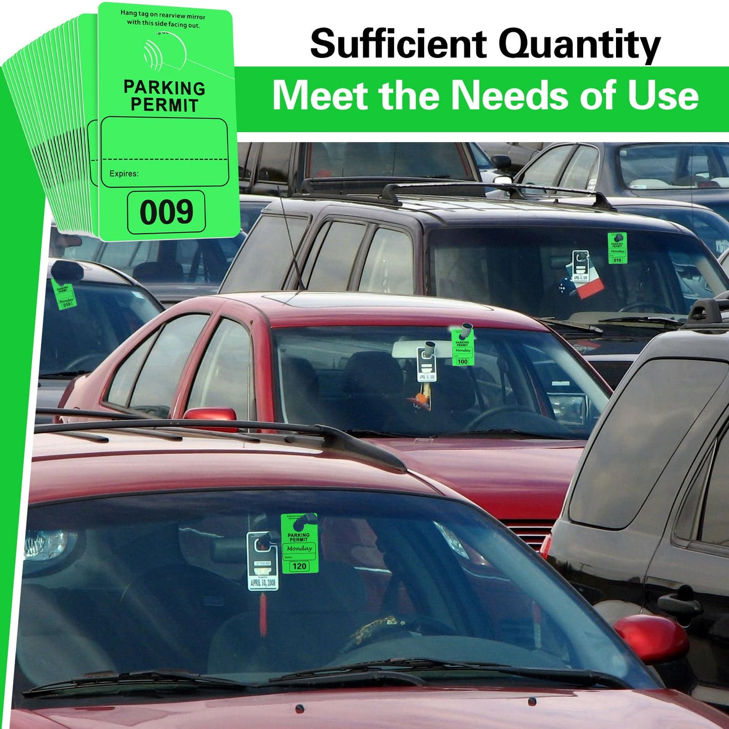 Gersoniel 500 Pack Parking Permit Hang Tag Plastic Parking Placards Numbered 001-500 PVC Hang Tag 3 x 5 Inch for Car Rear View Mirror(Green)