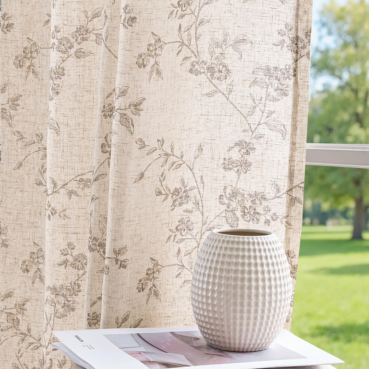 jinchan Linen Floral Curtains 84 Inch Farmhouse Country Flower Drapes Rustic Window Curtains Light Filtering for Living Room Bedroom Laundry Back Tab 2 Panels Taupe on Beige