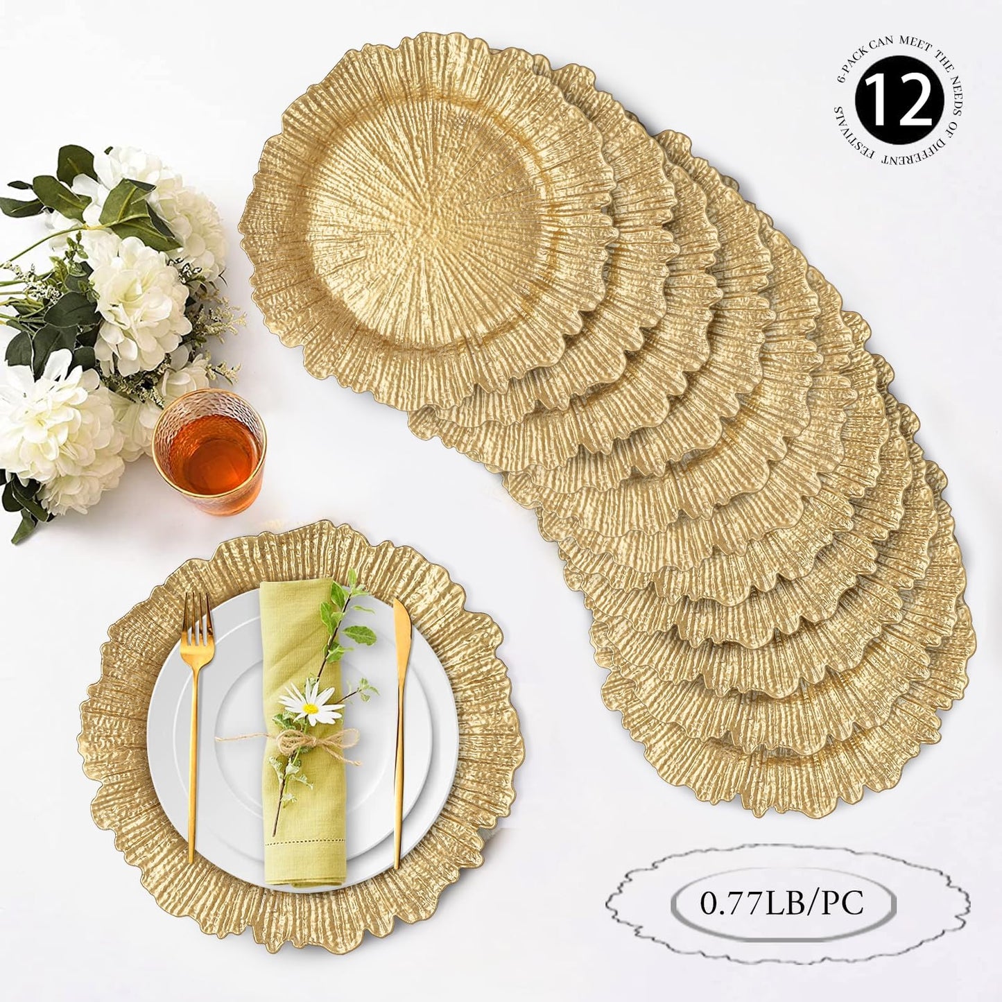 MAONAME Gold Charger Plates Set of 12, Reef Plate Chargers for Dinner Plate, Round Plastic Table Chargers for Thanksgiving, Christmas