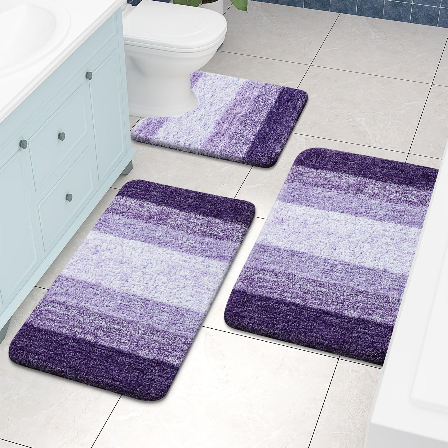 Arotive Microfiber Bathroom Rugs Sets 4 Piece, Extra Soft Absorbent Bath Mats, Machine Wash Dry U-Shaped Contour Rug and Toilet Lid Cover for Bath Tub, Toilet and Shower, Dark Purple