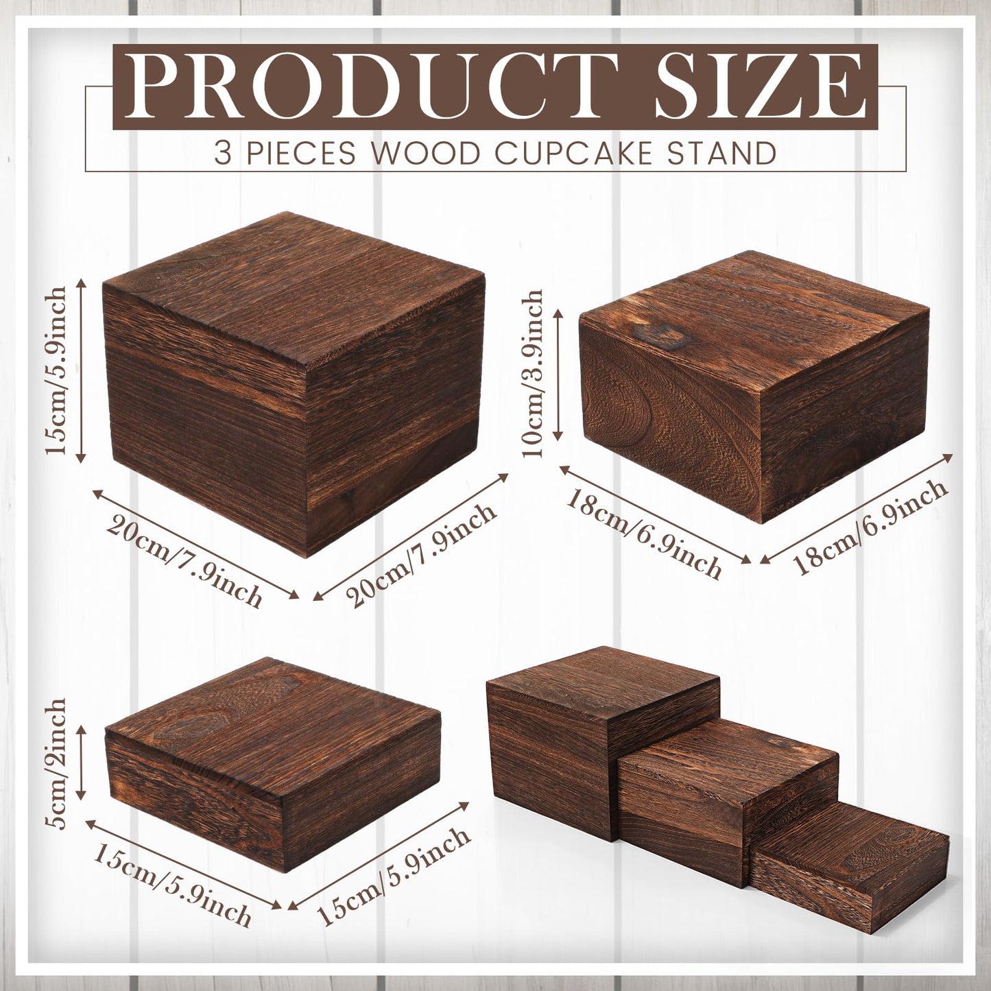 Barydat 6 Pcs Wood Display Risers Rustic Cupcake Stand Food Risers for Buffet Table Wooden Stackable Display Stand Box for Catering Dessert Collectibles Jewelry Figures Show(Burnt Wood Color)