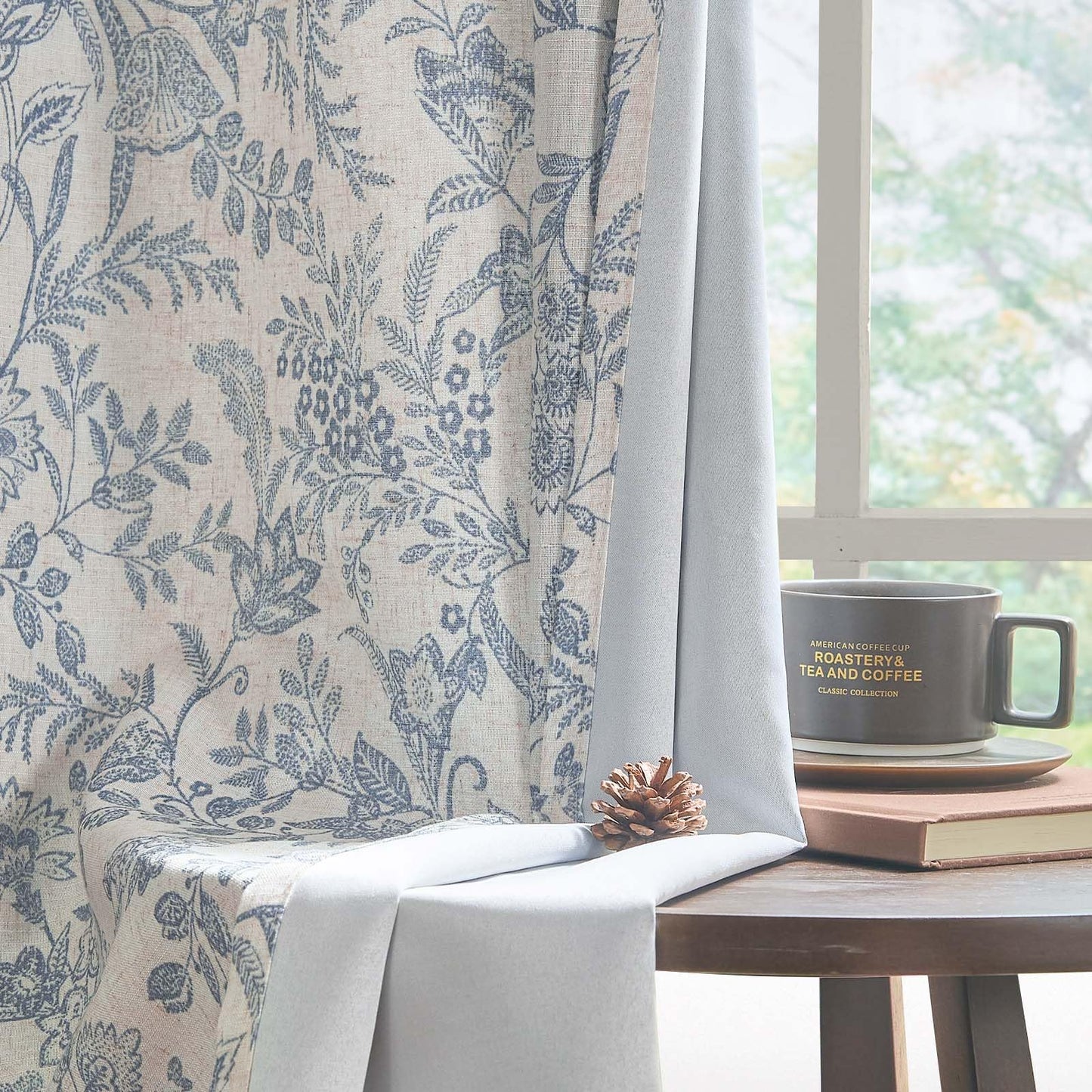 Lazzzy Blue Floral Lined Curtains Farmhouse Linen 84 Inches Length Back Tab Drapes for Living Room Bedroom Flower Patterned Country Vintage 2 Panels Set Rod Pocket Blue on Beige
