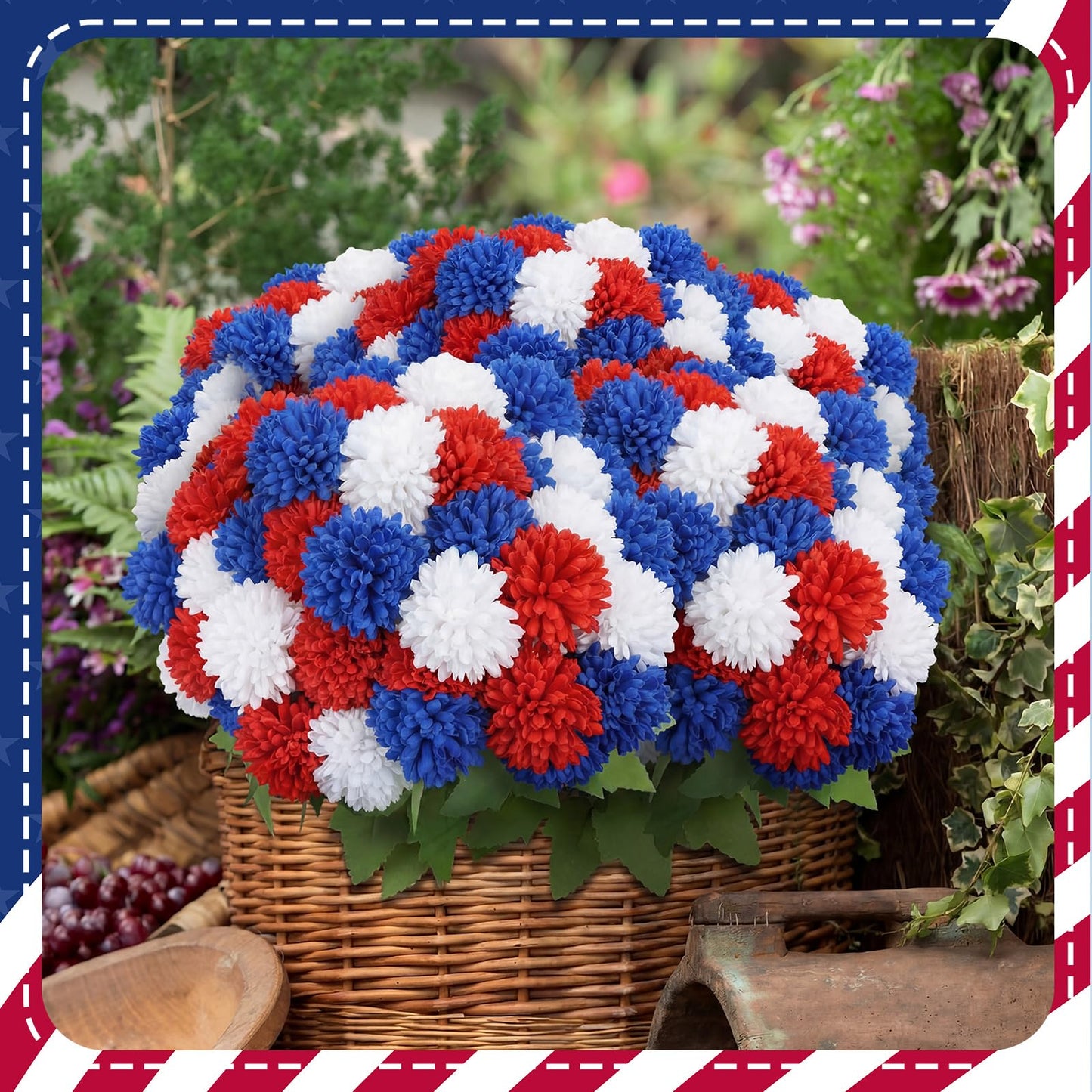12 Bundles Red White Blue Artificial Flower for Outdoor UV Resistant 250th Anniversary Patriotic Outdoor Decoration Fake Chrysanthemum Flowers for July of 4th Independence Day National Day Party Decor