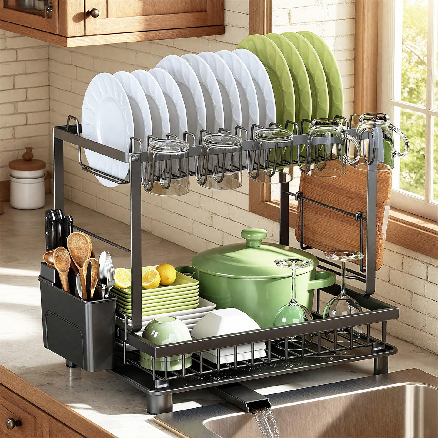 Nfnoyp Dish Drying Rack, 2 Tier Space-Saving Dish Rack, Multifunctional Dish Drainer for Kitchen Counter with Drainboard/Utensil/Cup Holder Rustproof Carbon Steel, Black