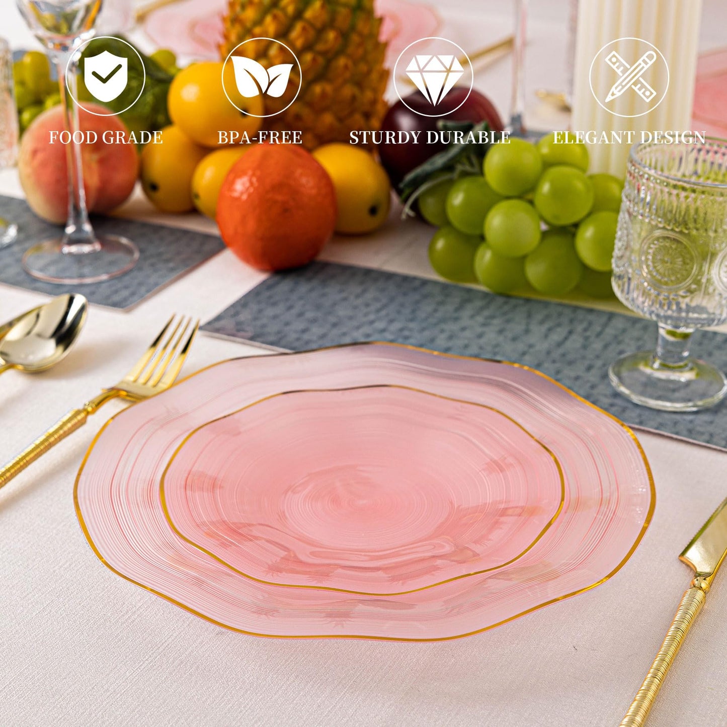 Pryntono 120PCS Pink Plastic Plates with Gold Rim, Heavy Duty Disposable Plates, Elegant and Fancy 60 Dinner and 60 Dessert Plates for Party and Wedding