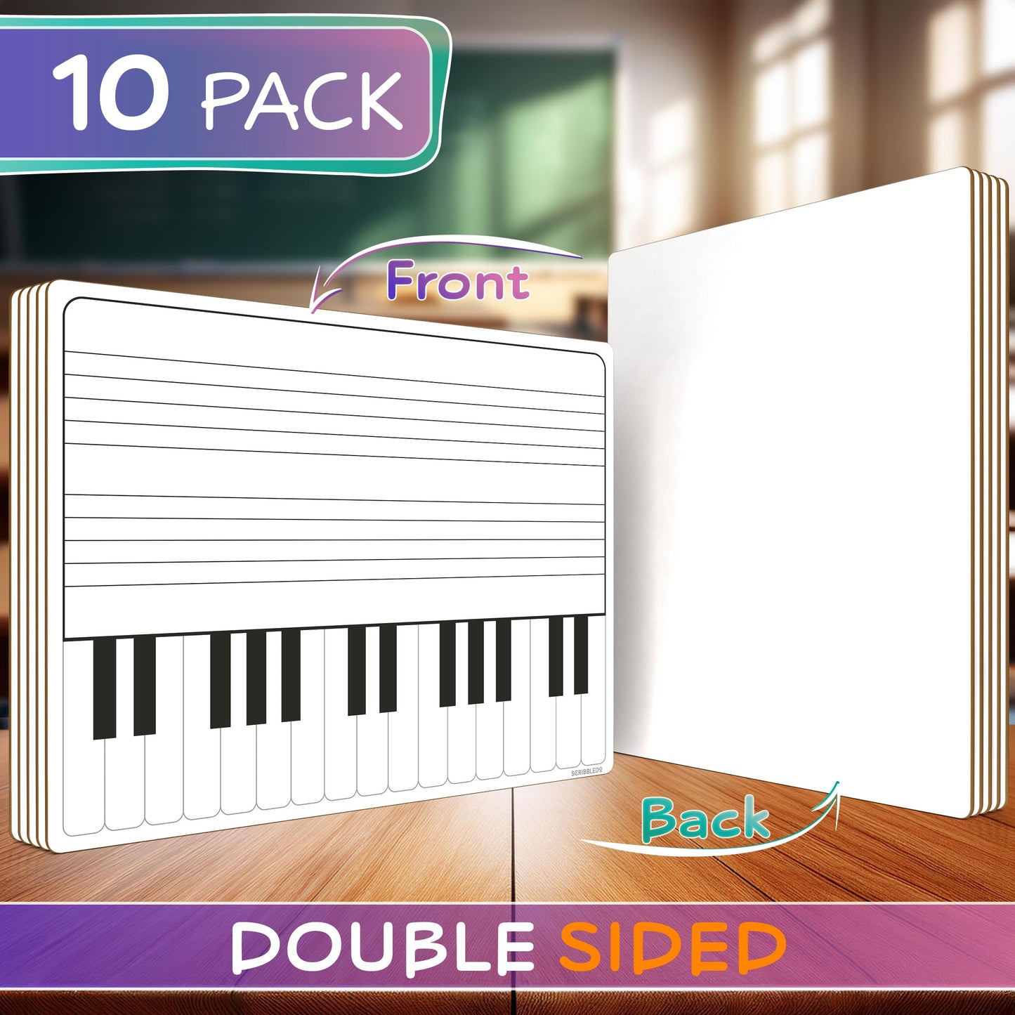SCRIBBLEDO 10 Pack 11 x 14 Inch Piano Board Dry Erase White Boards Keyboard Double Sided Music Staff whiteboard for Kids Students, Musicians Music Class Supplies. (10 Erasers Included)
