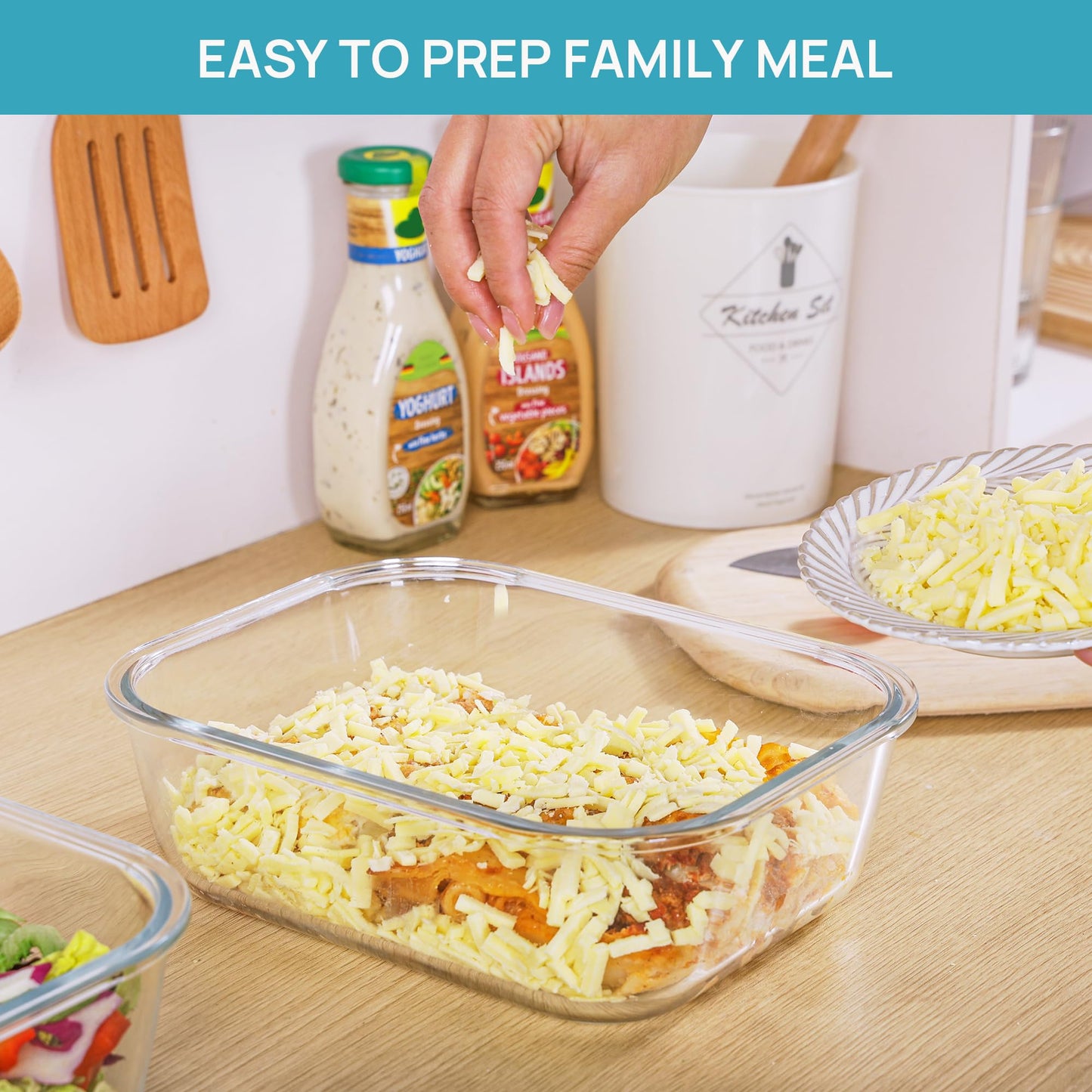 Vtopmart 2Pack 2260ml/ 76.4oz Large Glass Storage Containers with Lids, Meal Prep Food Container Set with Snap Airtight Lid for Baking, Microwave, Oven, Leak Proof, for Freezer, Dishwasher, Blue