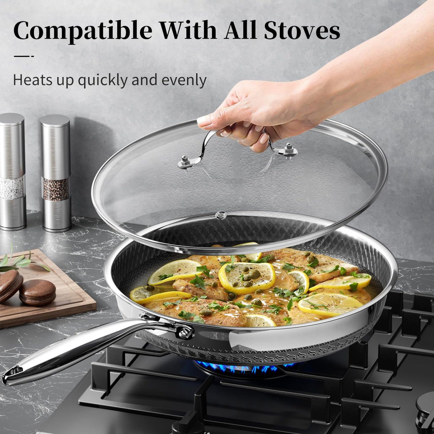8 Inch Nonstick Frying Pan with Lid, Titanium Ceramic Tri-Ply Stainless Steel Non Stick Skillet W/Lid Small Hybrid Cooking Pan Healthy Induction Egg Frying Pan W/Stay Cool Handle, PFAS/PFOA/PTFE Free