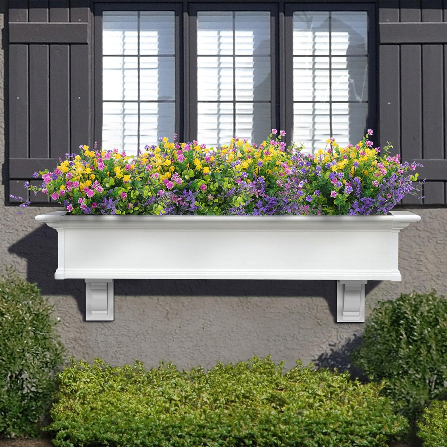Hananona 24 Pcs Artificial Flowers Outdoor, Faux Artificial Plants UV Resistant Plastic Flower Bulk for Hanging Planter Porch Window Home Wedding Summer Decor (24, Fuchsia, Purple, Yellow, Green)