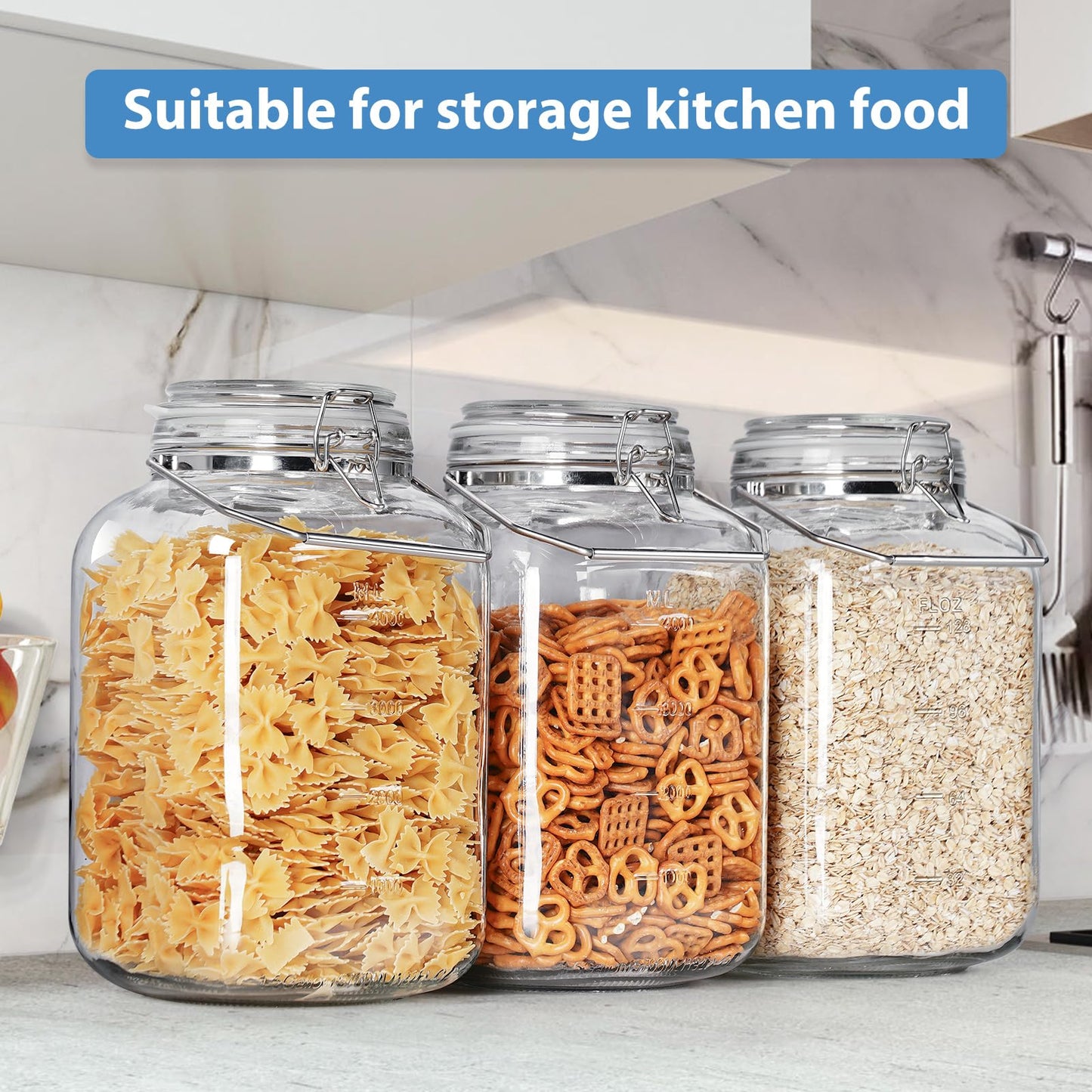 1.5 Gallon Glass Jars With Airtight Lid, Gallon Mason Jars Wide Mouth w Scale Marks(192 FL Oz), Glass Storage Containers with Lids And Sturdy Handles For Flour, Sugar, Baking Supplies, Set of 2