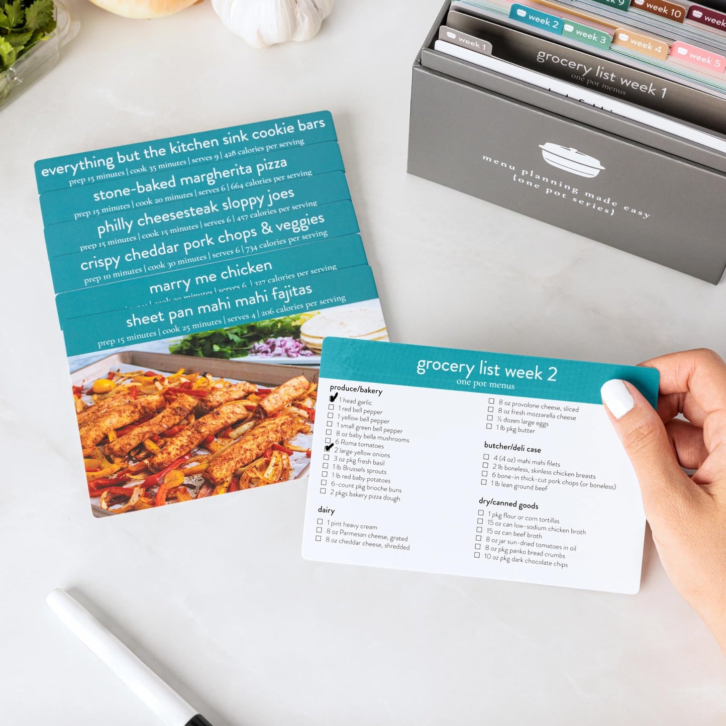 PPP One Pot Meal Planner with 72 Recipe Cards (Photo Edition) - Weekly Menu Plans | Sturdy Recipe Box | 12 Reusable Grocery Shopping Lists | 5 Blank Recipe Cards | Recipe Card Protector | Recipe Ideas