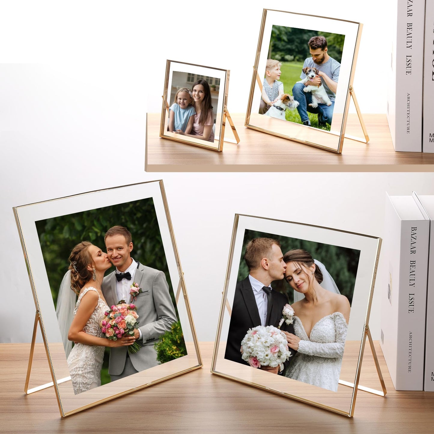 GorYeeFine Gold 10x12'' Floating Frame 2pack For Photo Sizes(8.5x11'',8x10'',7x9''),Beautiful Metal Beaded Edge 8x10'' floating picture Frames, Adjustable Tabletop/Shelf Photo Frame