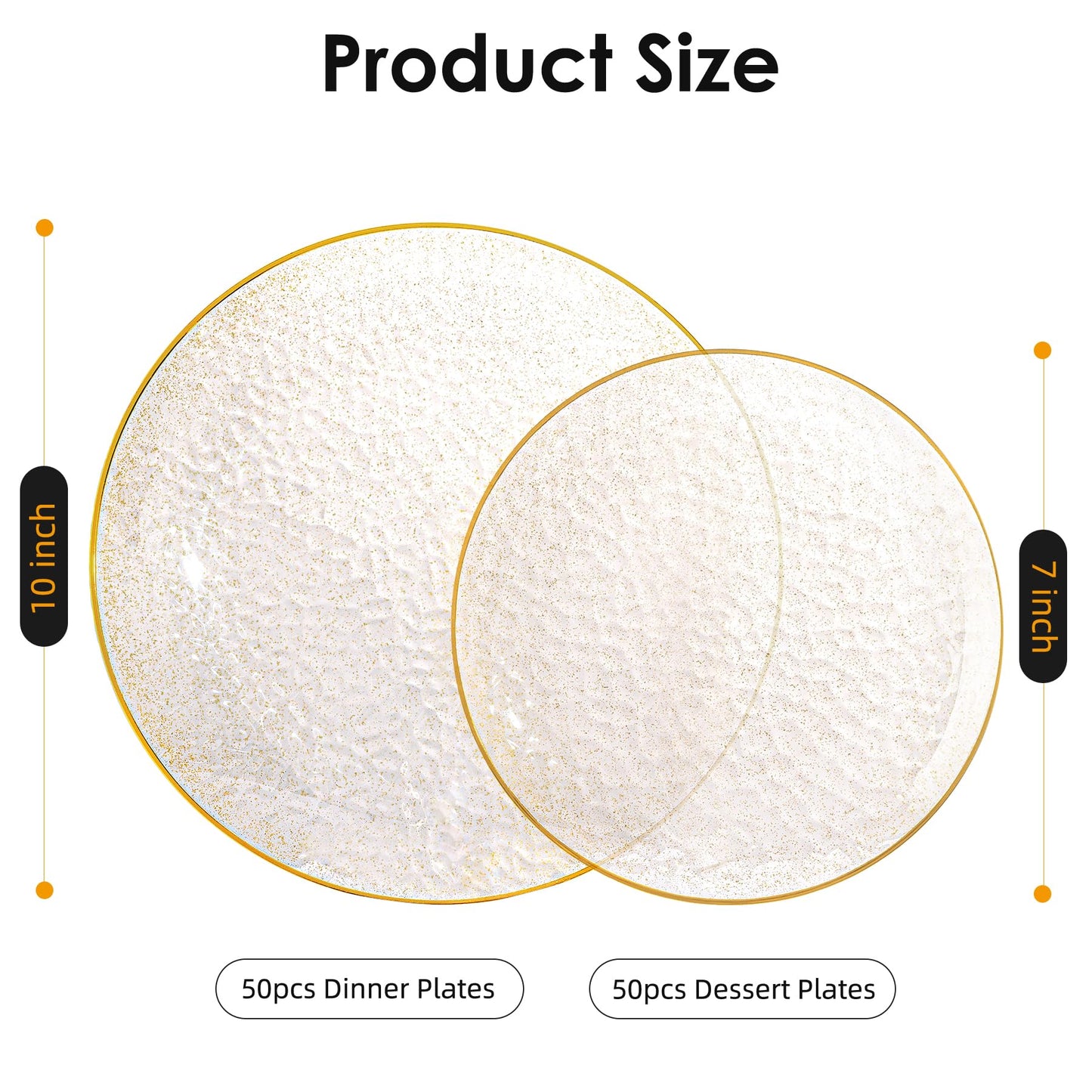 Lullaby 100PCS Clear Plastic Plates with Gold Rim, Includes 50pcs Dinner Plate 10” and 50pcs Dessert Plate 7”, Disposable Heavyduty Plates for Birthdays, Parties and Wedding