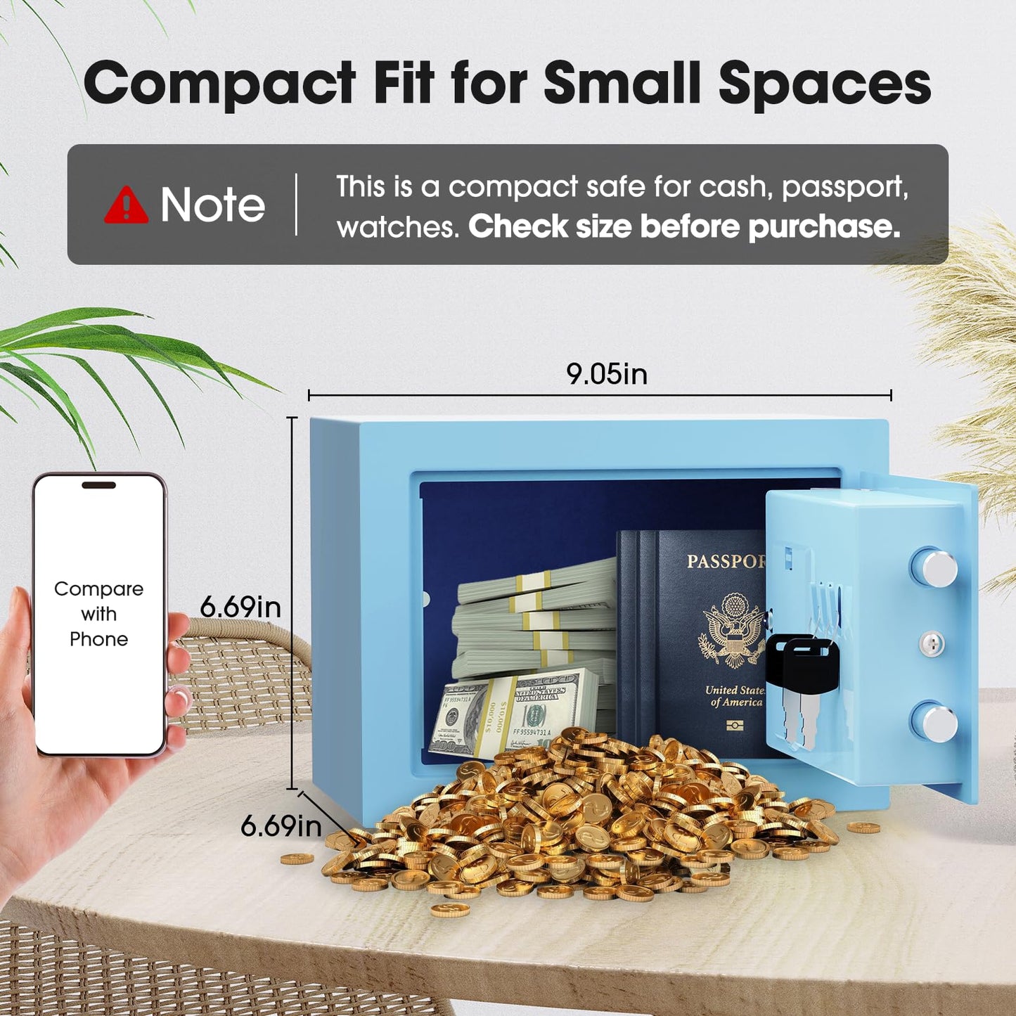 Goldenkey Small Kids Safe for Money, Digital Mini Safes with Keys&Code for Cash, Safe Box for Personal Items for Home, 6.69"D x 9.05"W x 6.69"H, Blue