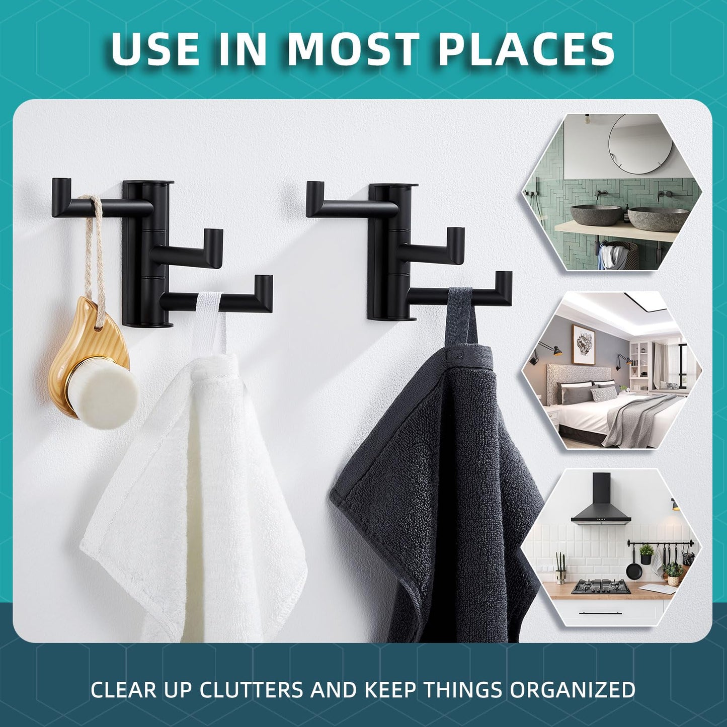 Angle Simple Swivel Towel Hooks for Bathroom, SUS 304 Stainless Steel Foldable 3 Arms Robe Towel Holder, Shower Wall Coat Hooks, Matte Black, 2 Pack
