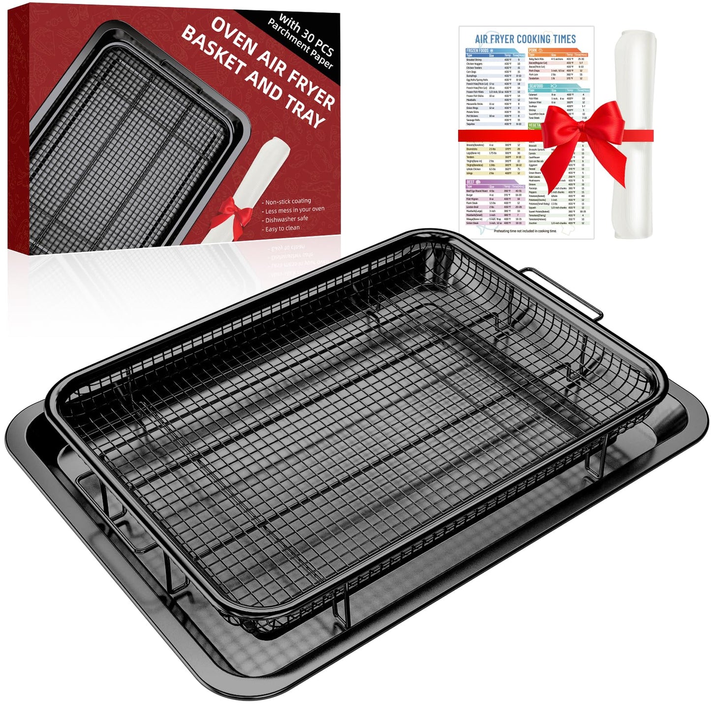 Air Fryer Pans for Oven, Oven Air Fryer Basket and Tray with Cooking Guide &30 PCS Parchment Papers, DEGOVIN Crisper Tray Non-stick Stainless Steel Air Fry Pans for Convection Oven(14.88"×10.98"Black)