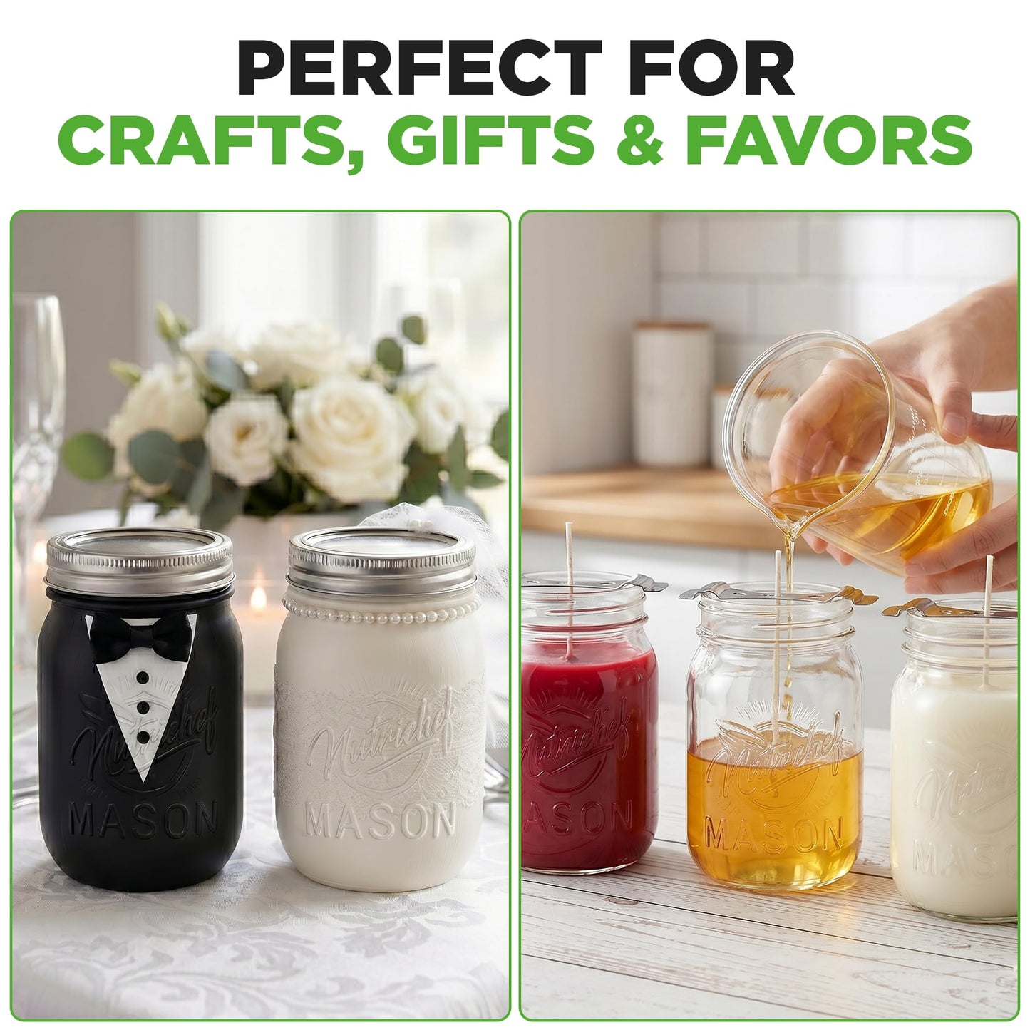 NutriChef 8-Pack 16 oz Mason Jars with Lids - Thick Glass Canning Jars with Stainless Steel Lids - Ideal for DIY Spices, Meal Prep, Overnight Oats, Jelly, Jam, Honey, Candles, Crafts, & More