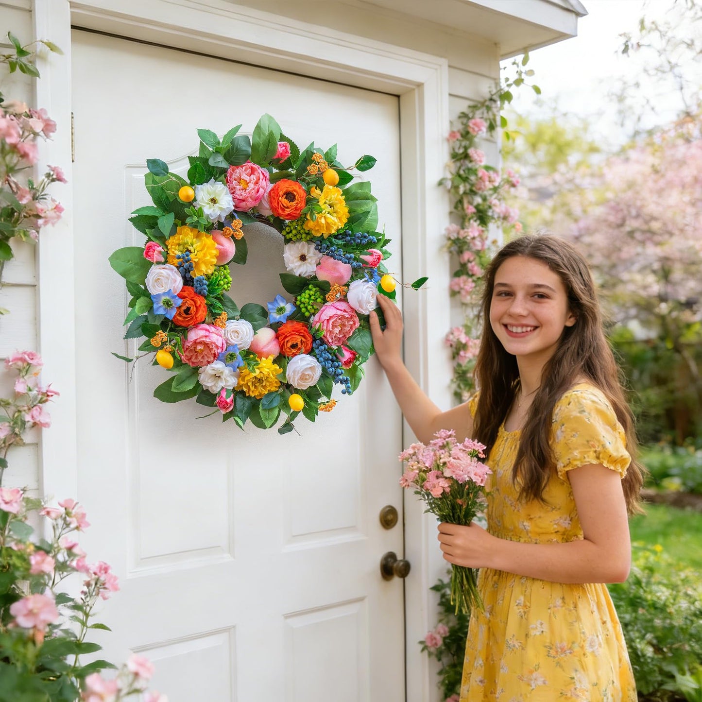 Pinkpuii Spring Wreaths for Front Door 24 Inch Vibrant Spring Summer Wreath with Peonies,Roses,Marigolds,Blueberries & Realistic Fruit Accents (Peach, Lemon)- Ideal for Porch,Entryway,Wall,Window