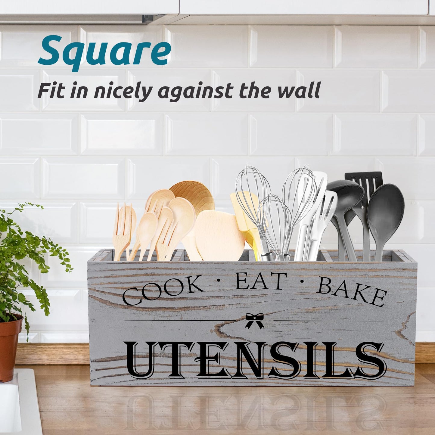 Suli Extra Large Kitchen Utensils Holder with 4 Compartments, Wooden Utensil Organizer for Kitchen Countertop, Farmhouse Decor, Rustic Cooking Utensil - Grey grain