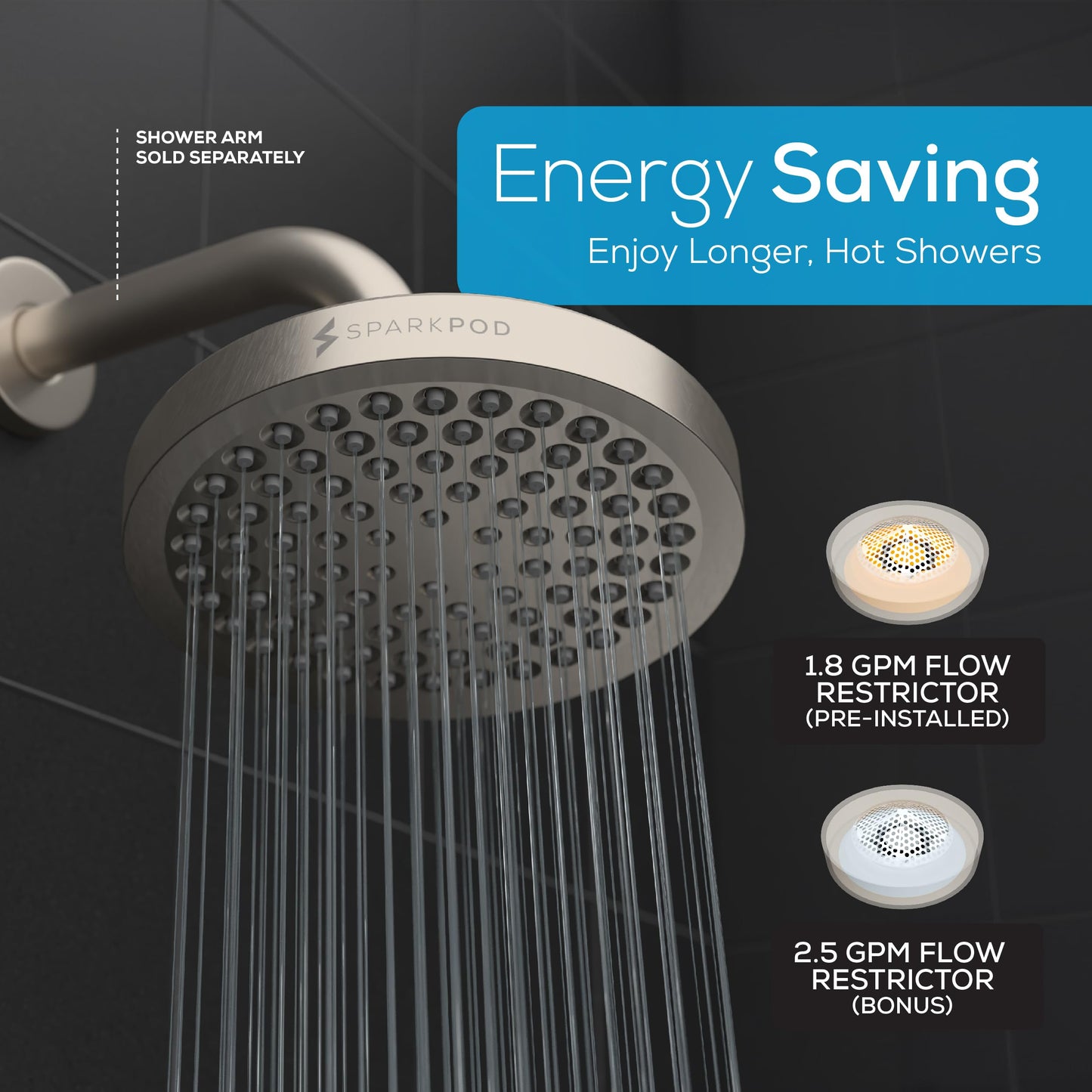 SparkPod Shower Head - High Pressure Rain - Premium Quality Luxury Design - Easy Clean Adjustable Replacement for Your Bathroom Shower Heads (Elegant Brushed Nickel, 6 Inch Round)