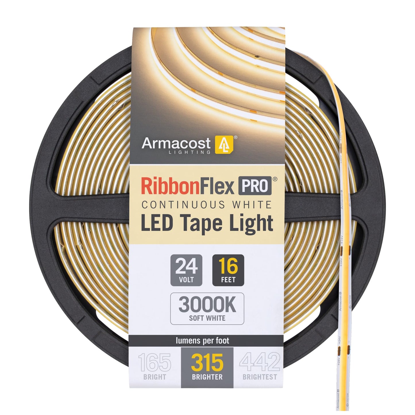 Armacost Lighting RibbonFlex Pro 24V White COB LED Strip Light Tape 3000K, 315 Lumens/Ft, 5M 172230