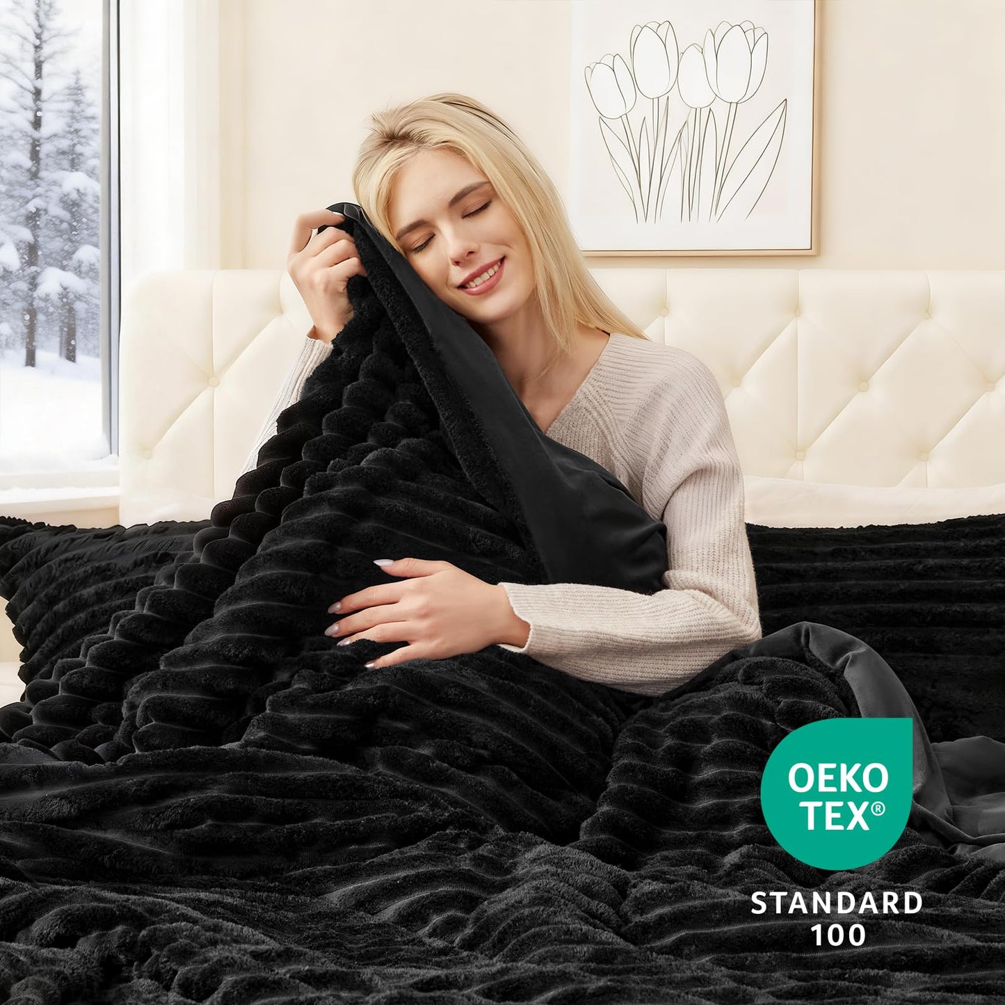 EXQ Home Fluffy Comforter Set King Size - Super Soft Faux Fur Stripe Jacquard Comforter 3 Pieces, Black Fleece Bedding Set,Winter Warm Bed Set,1 Comforter with 2 Pillowcases